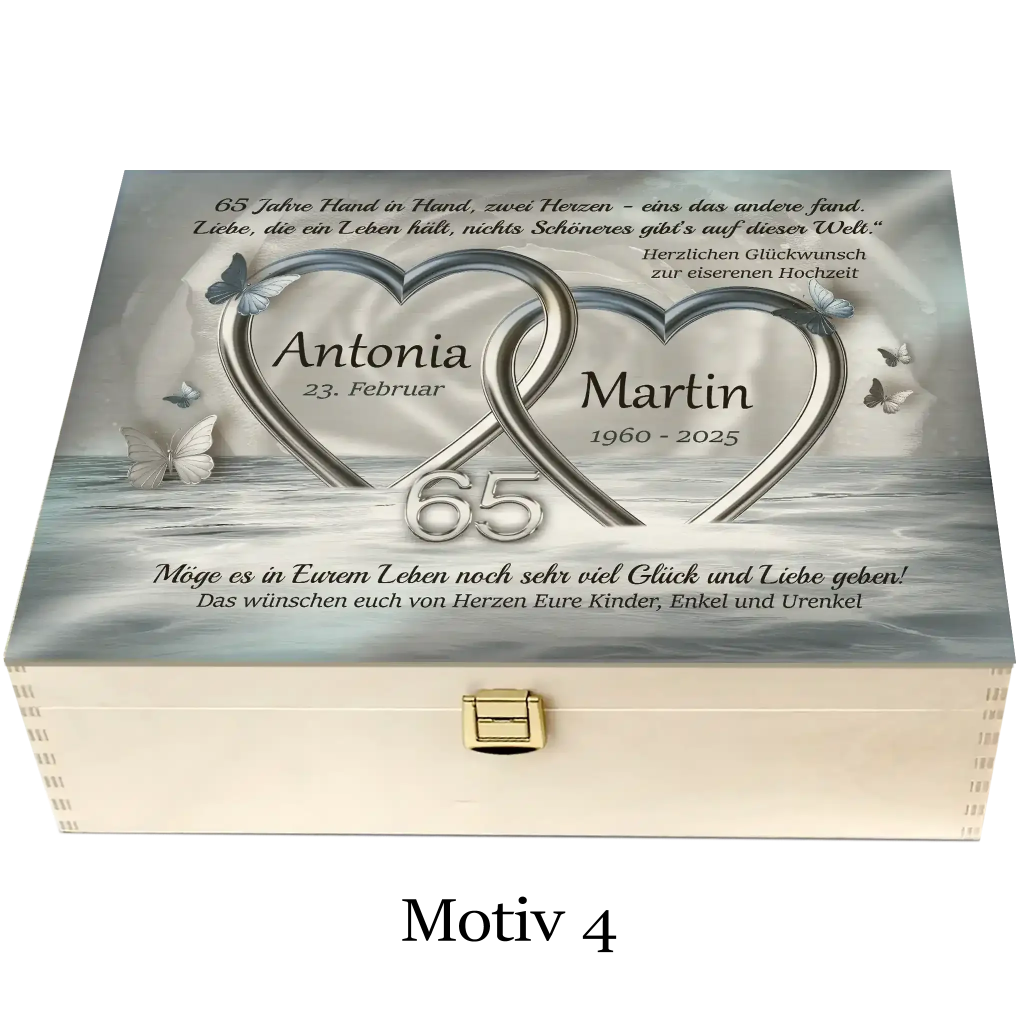 Personalisierte Holzbox Eisenhochzeit, 65 Jahre, Herzen, Schmetterlinge, Gravur Jubiläumsgeschenk