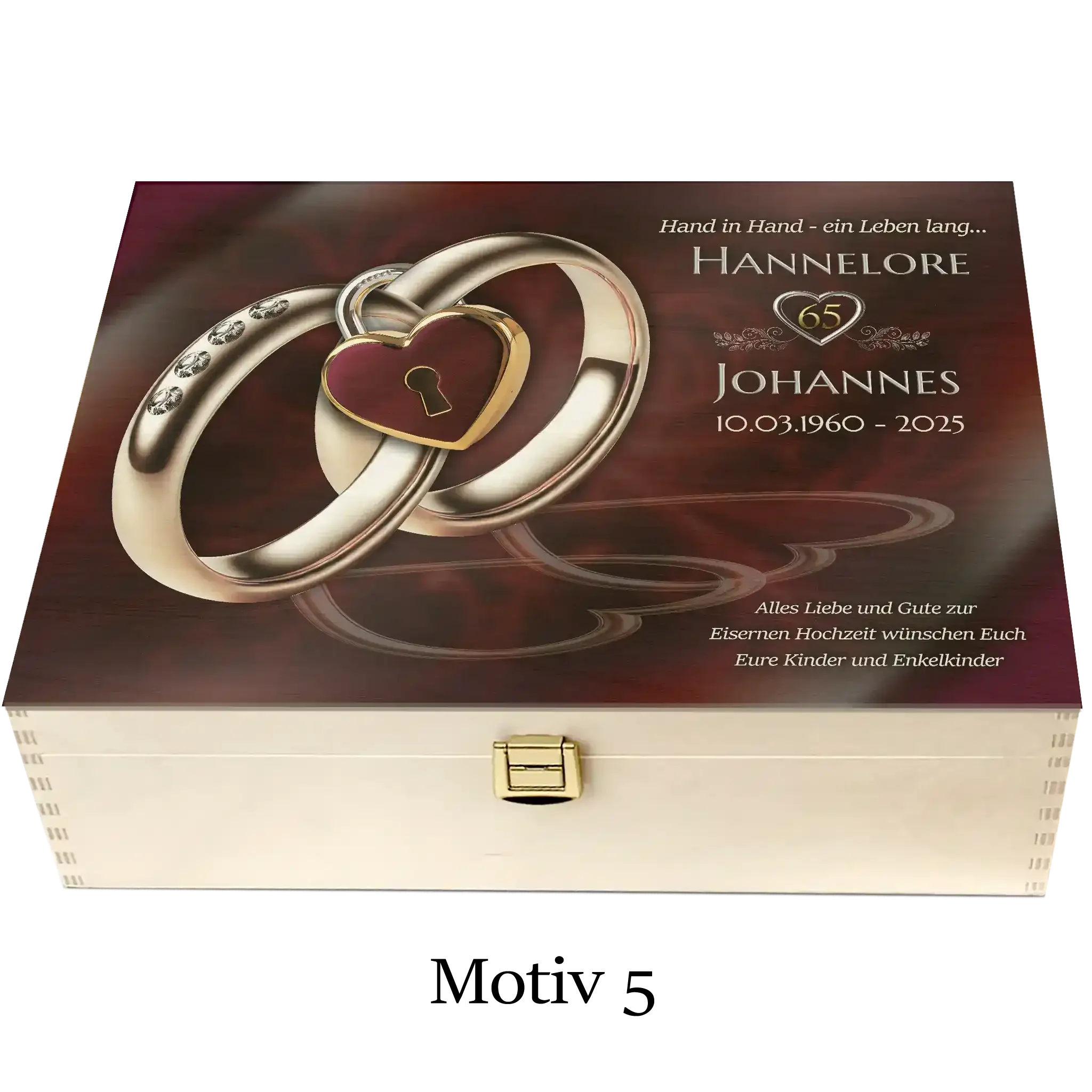 Personalisierte Holzbox zur Eisernen Hochzeit mit verschlungenen Ringen und Herzschloss Motiv