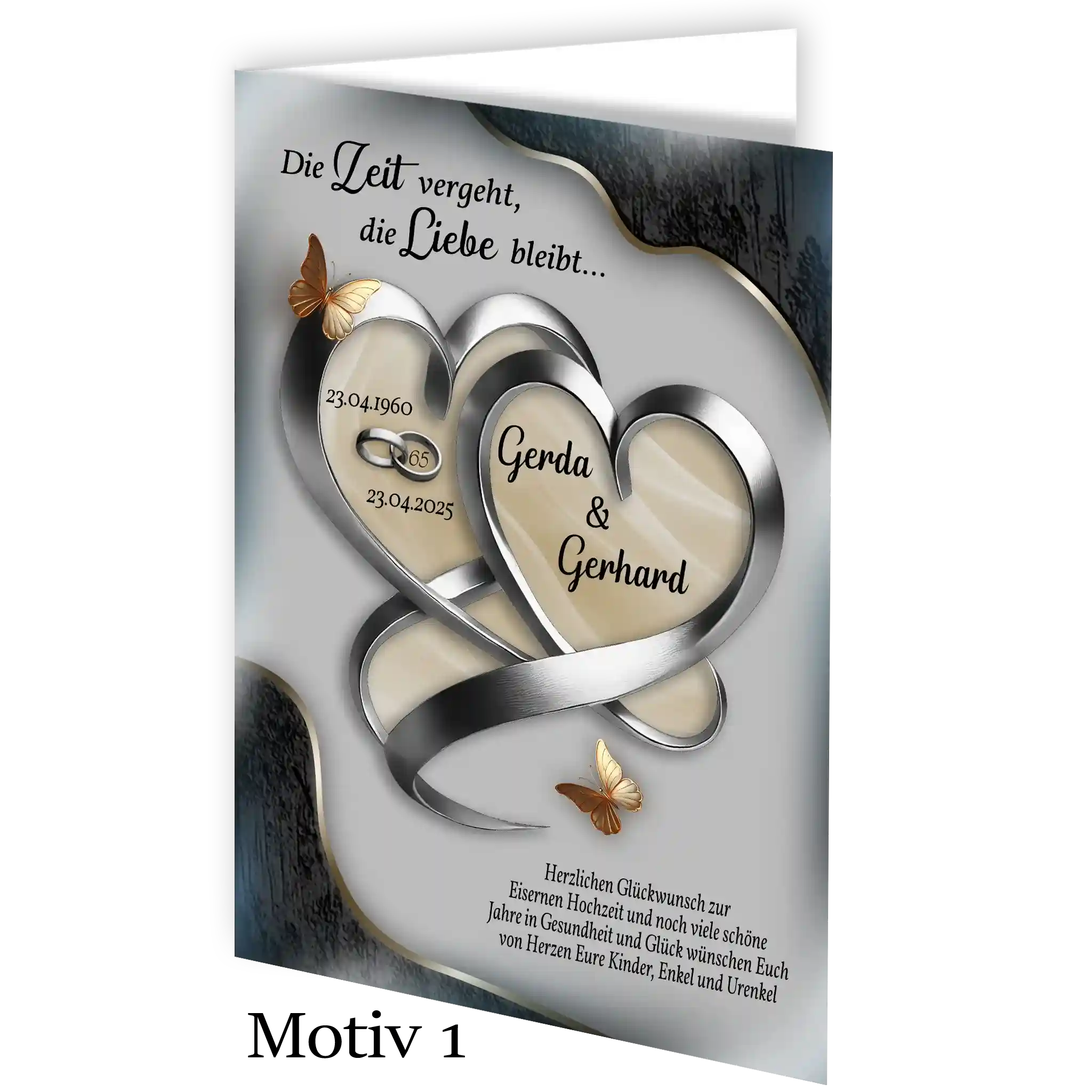 Grußkarte zur Eisernen Hochzeit mit elegantem Motiv und Kuvert