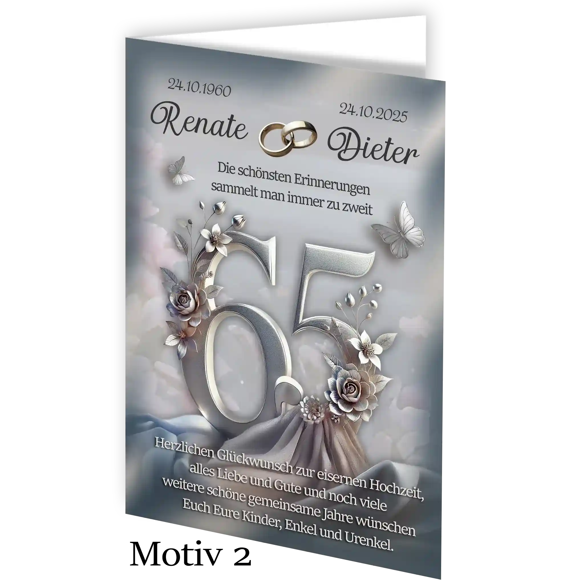 Detailansicht der Karte zum 65. Hochzeitstag auf festem Papier