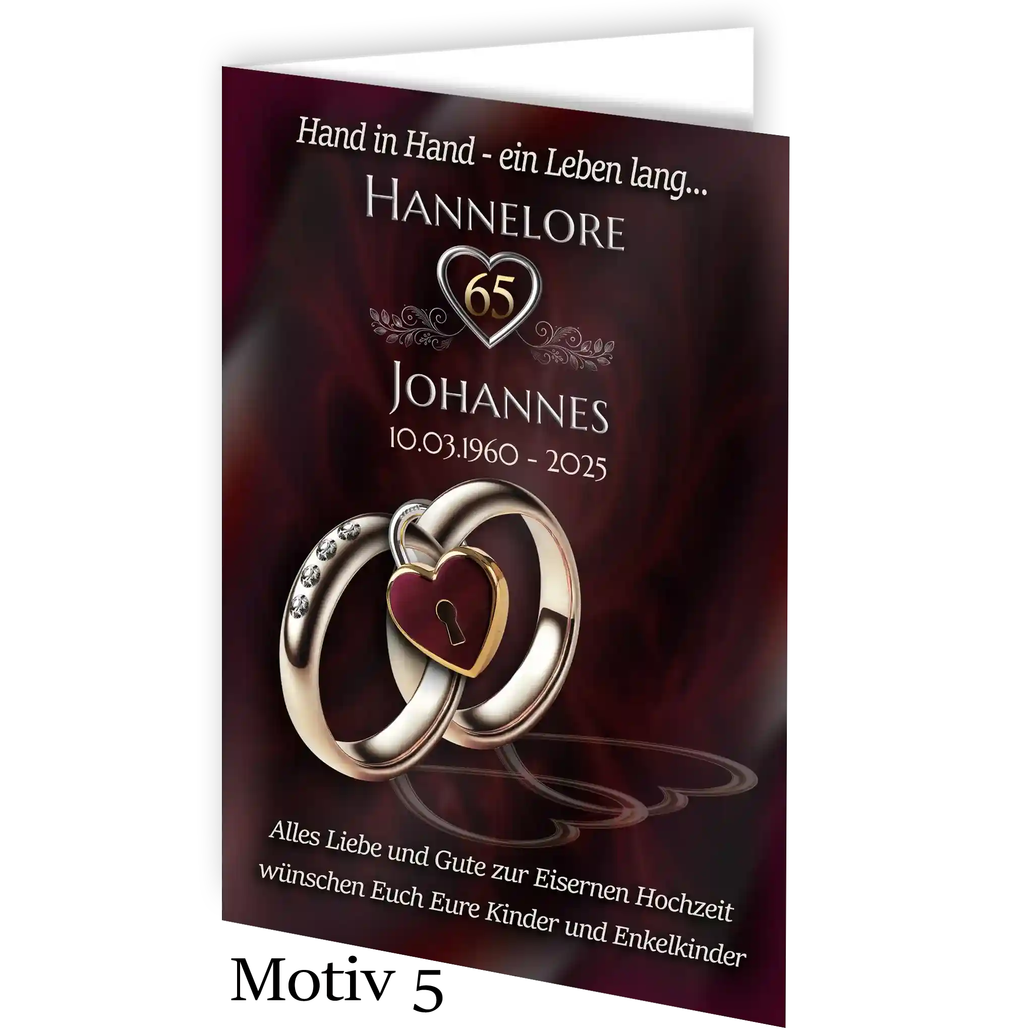 Grußkarte zur Eisernen Hochzeit im Format 13 x 18 cm mit passendem Umschlag