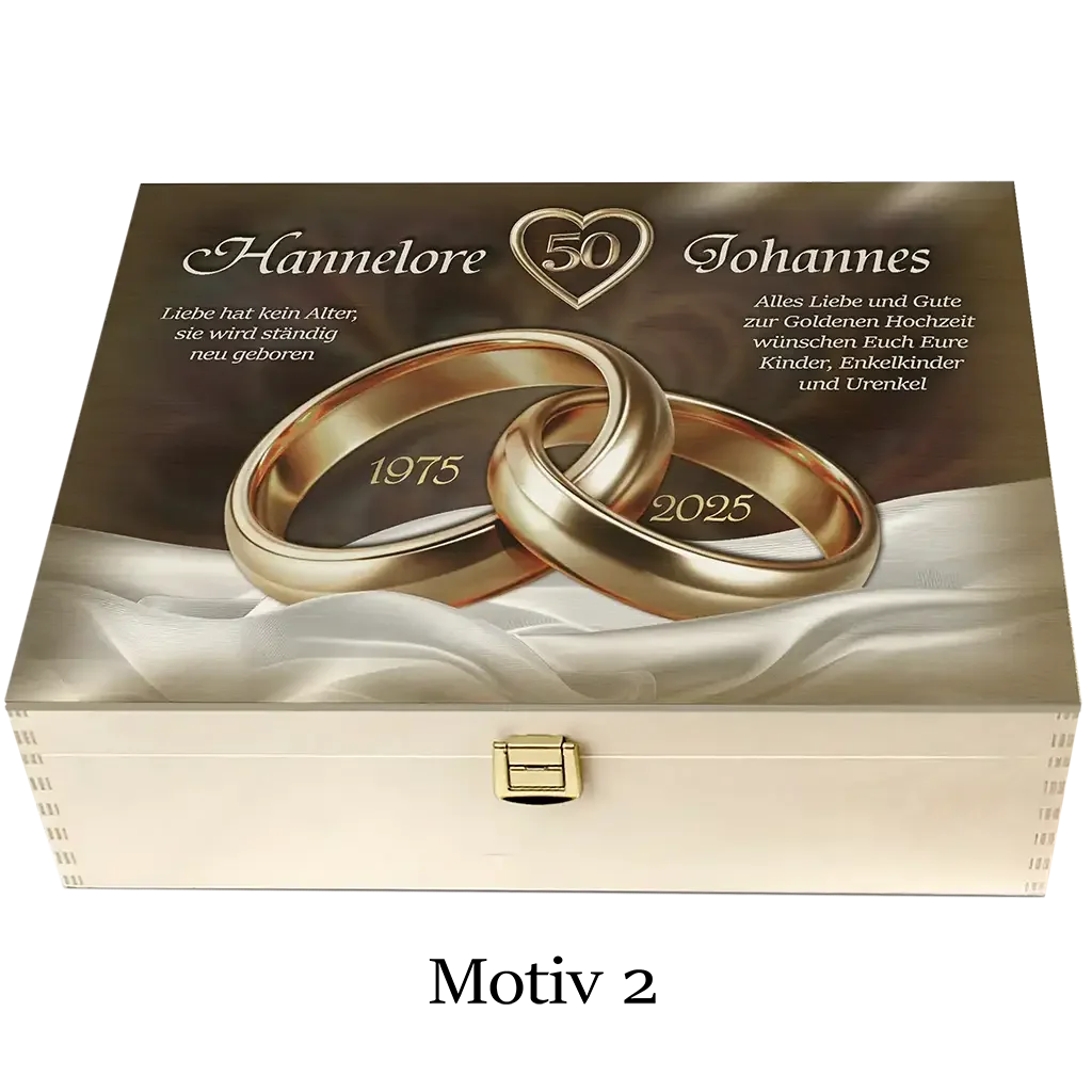 Holzbox Goldene Hochzeit mit gravierten goldenen Ringen, Jahreszahlen 1975 und 2025, personalisiertem Text
