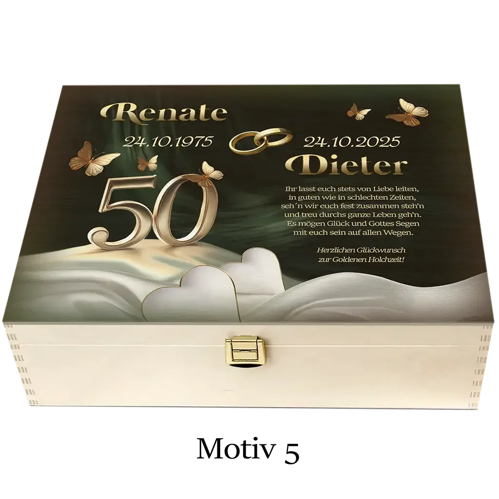 Holzbox Goldene Hochzeit mit Gravur, goldenen Ringen, Schmetterlingen und Zahl 50