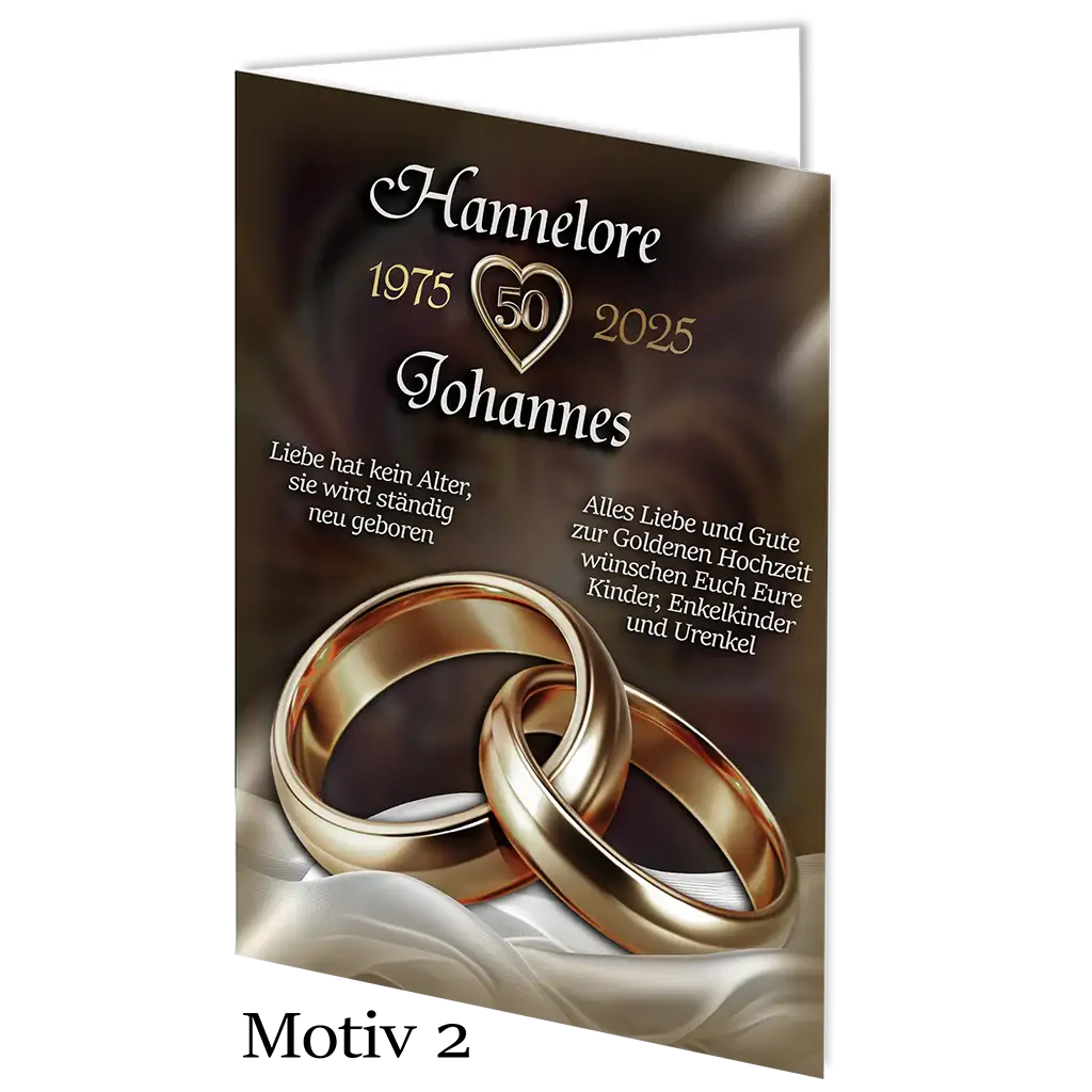 Goldene Hochzeit Karte mit goldenen Ringen, Herzsymbol und Glückwünschen, Motiv 2