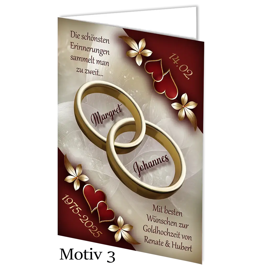 Goldene Hochzeit Karte mit zwei goldenen Ringen, Herzen, Blumendekor und Widmung, Motiv 3