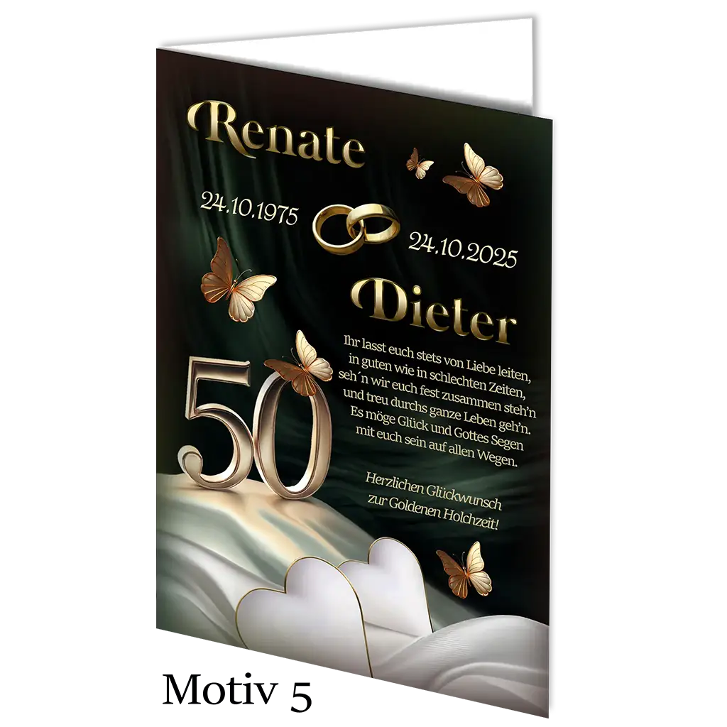 Edle Goldene Hochzeit Karte mit goldener 50, Schmetterlingen, Herzen und goldenen Ringen
