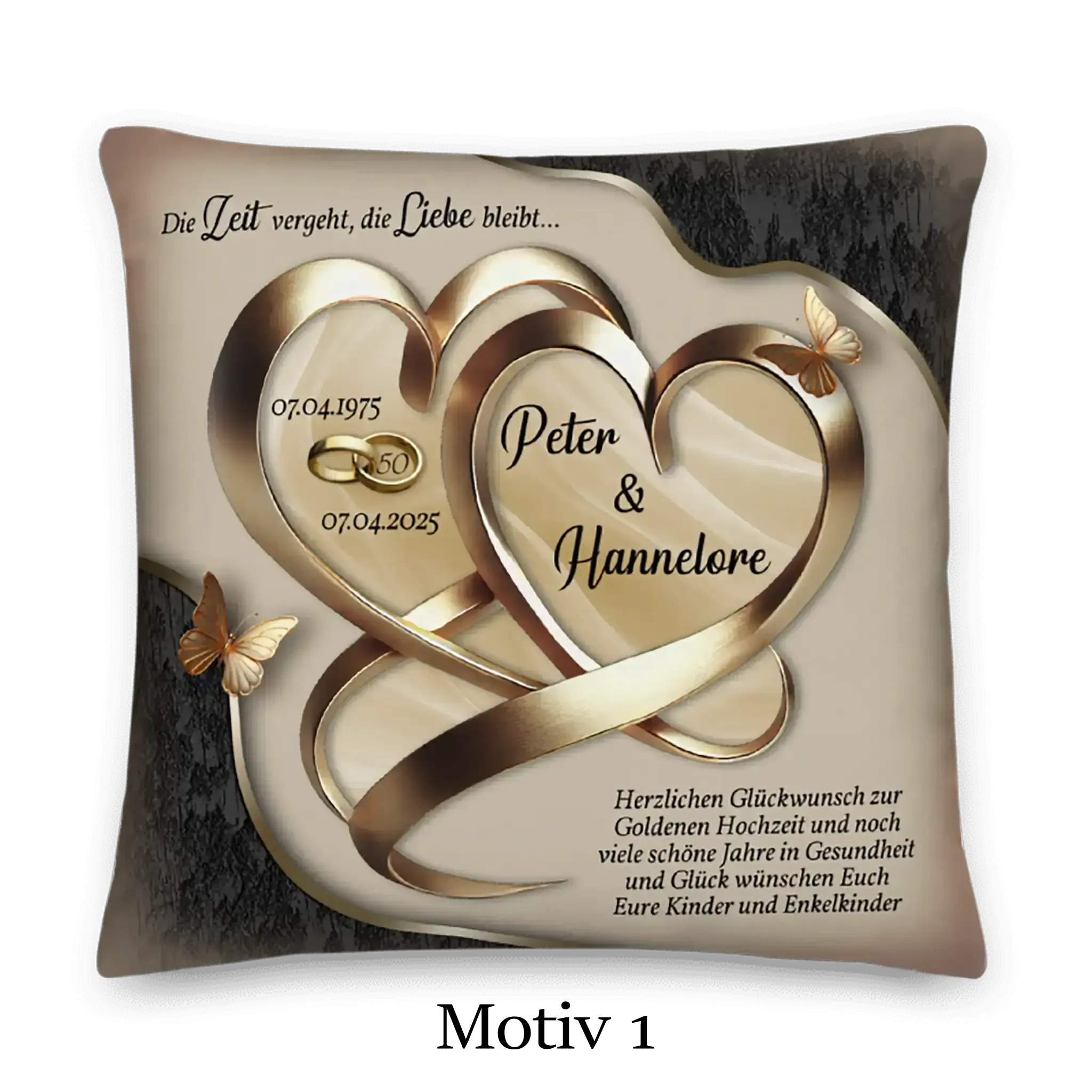 Kissen zur Goldhochzeit mit goldenen Herzen, Schmetterlingen und Jubiläumsdaten, Geschenkidee