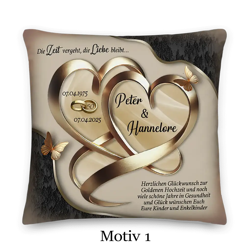 Kissen zur Goldhochzeit mit goldenen Herzen, Schmetterlingen und Jubiläumsdaten, Geschenkidee