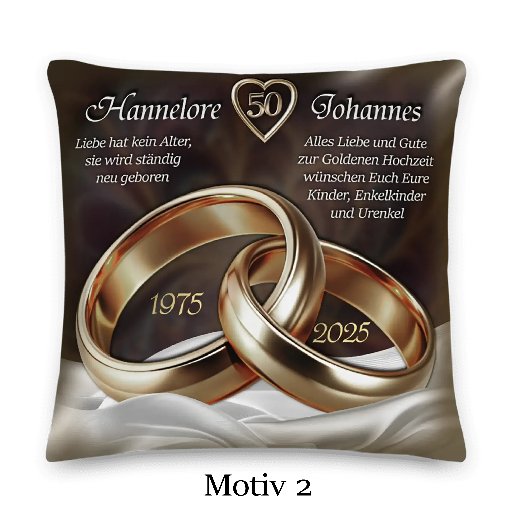 Kissen Goldene Hochzeit mit zwei goldenen Ringen, Jahreszahlen 1975 und 2025, Herzsymbol, Glückwünsche