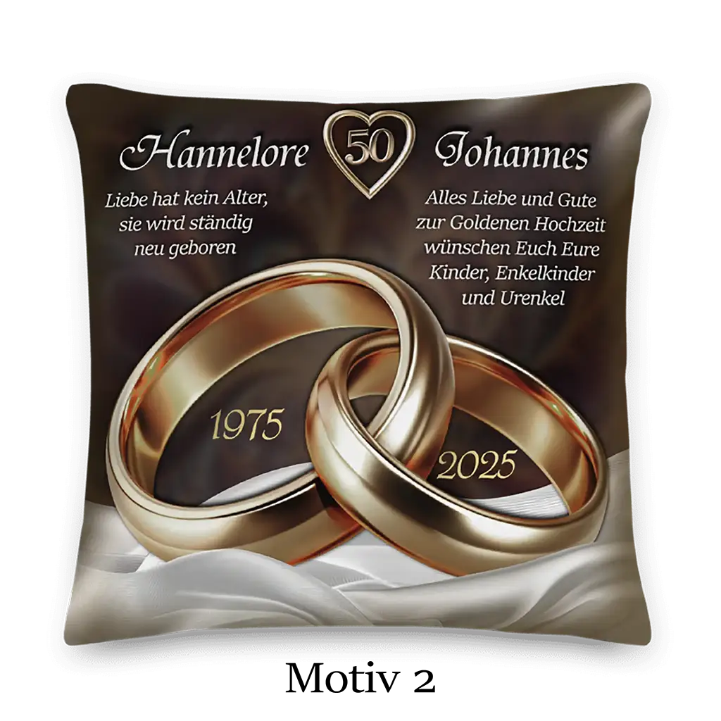 Kissen Goldene Hochzeit mit zwei goldenen Ringen, Jahreszahlen 1975 und 2025, Herzsymbol, Glückwünsche