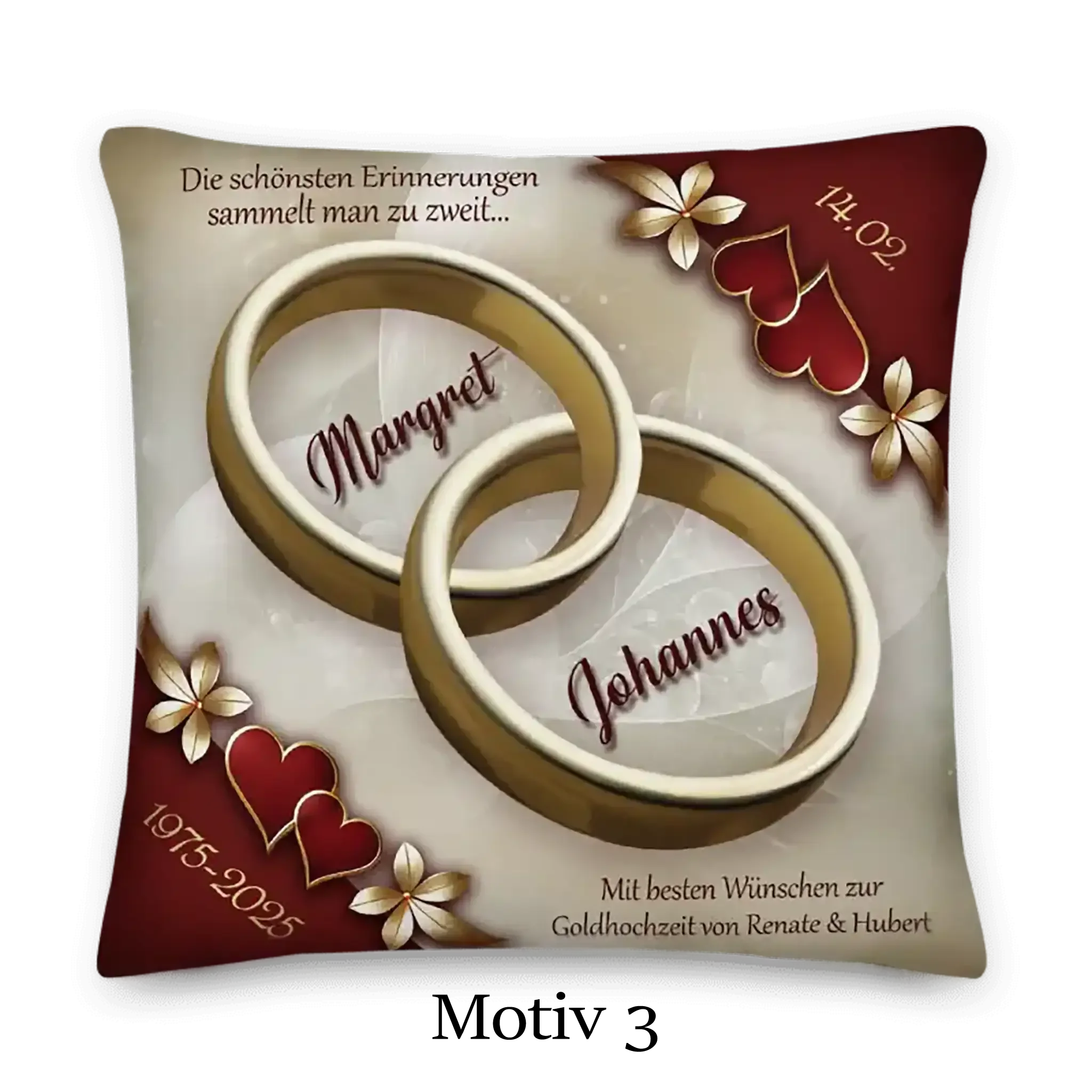 Goldhochzeit Kissen mit zwei goldenen Ringen, Herzen und Blüten, personalisiert mit Namen und Datum.
