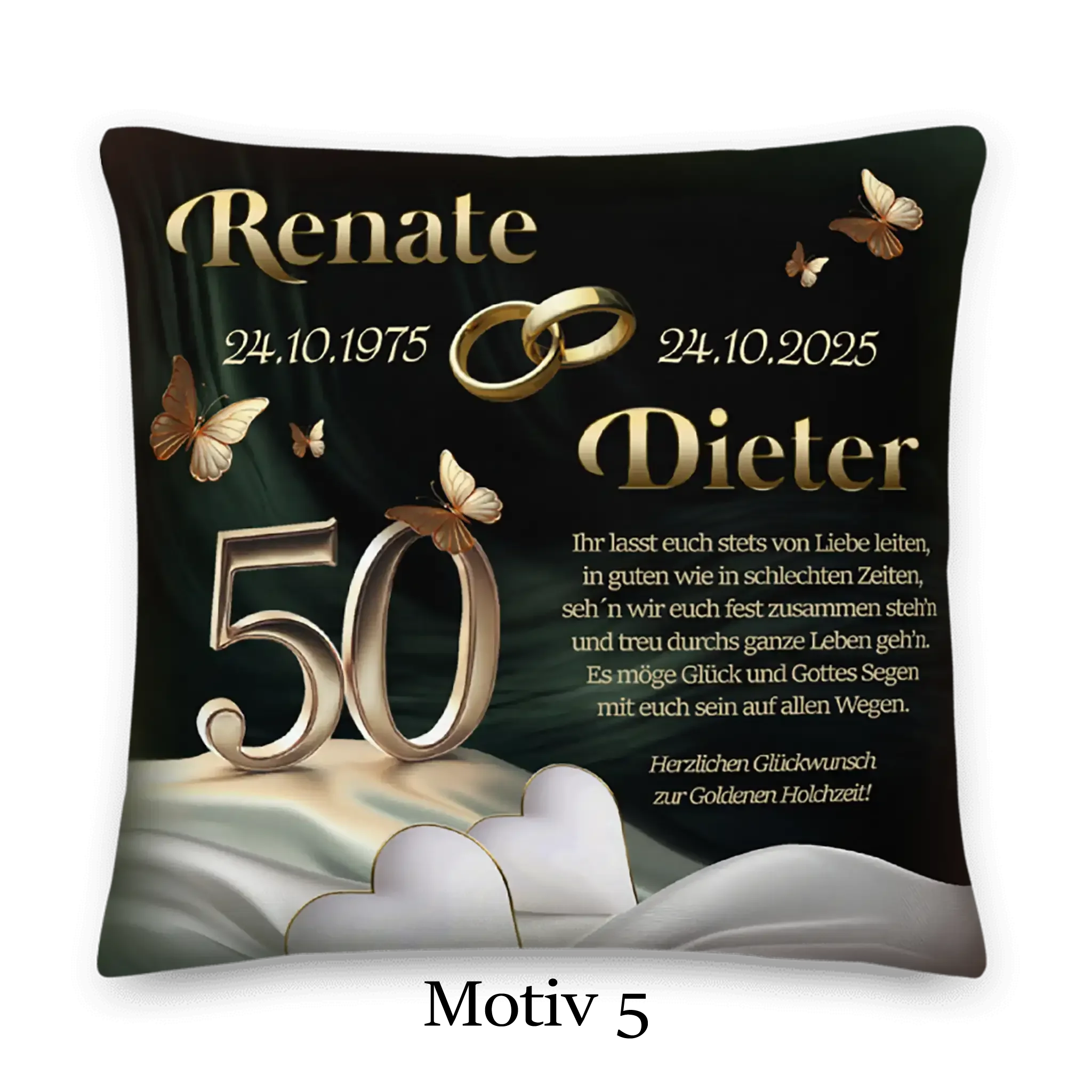 Goldene Hochzeit Kissen mit Jubiläumszahl 50, Ringen, Schmetterlingen und Namensaufdruck