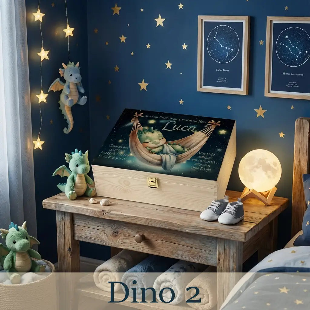 Holzbox Baby Drache Motiv personalisiert mit Schlafmotiv und Taufdaten, Geschenk Taufe