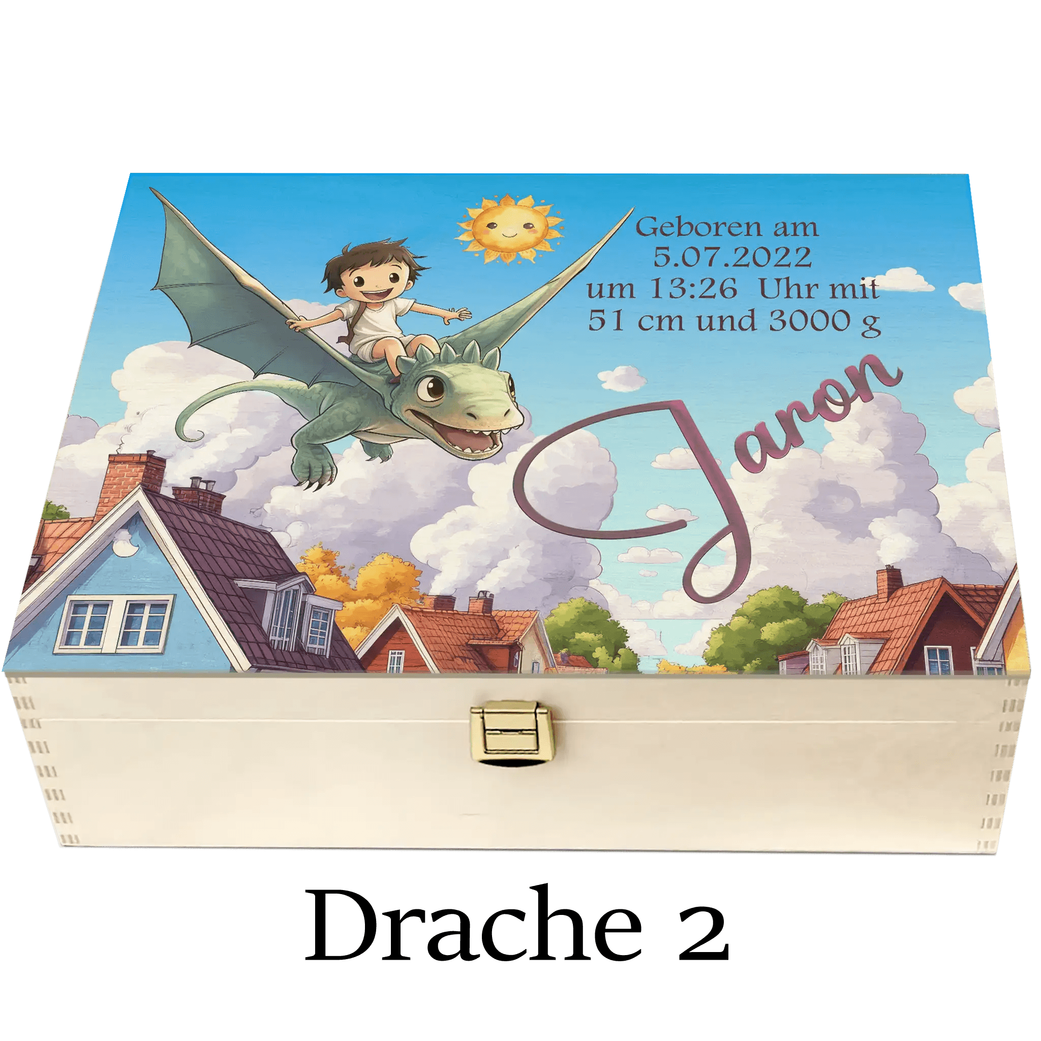 Holzbox mit Baby, das auf einem Drachen fliegt, bunte Häuser im Hintergrund, Name Jaron