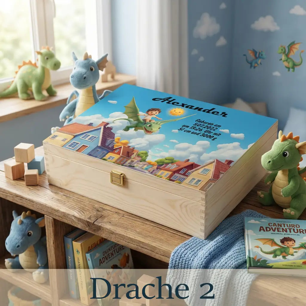 Holzbox mit Baby, das auf einem Drachen fliegt, bunte Häuser im Hintergrund, Name Jaron