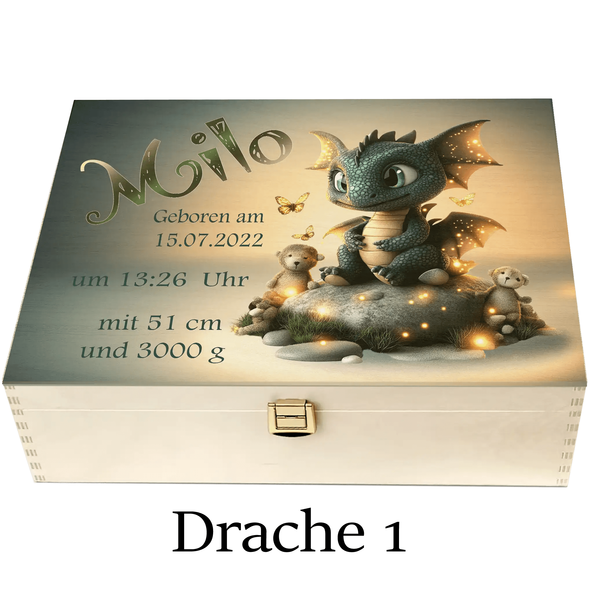 Personalisierte Holzbox mit Baby-Drache, Kuscheltieren und Geburtsdaten, Geschenkidee