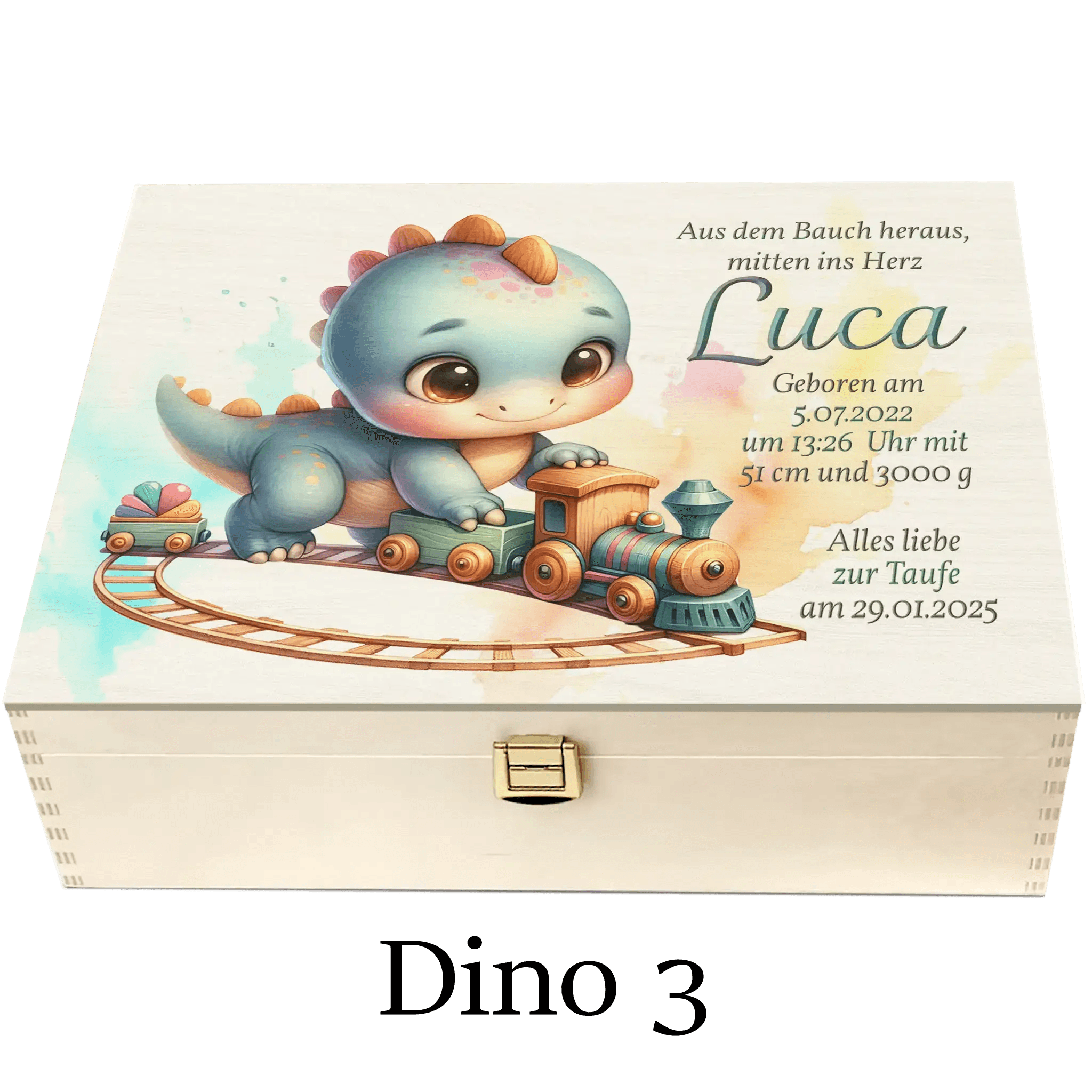 Personalisierte Holzbox mit süßem Baby-Drachen und Eisenbahn, Geschenk zur Taufe