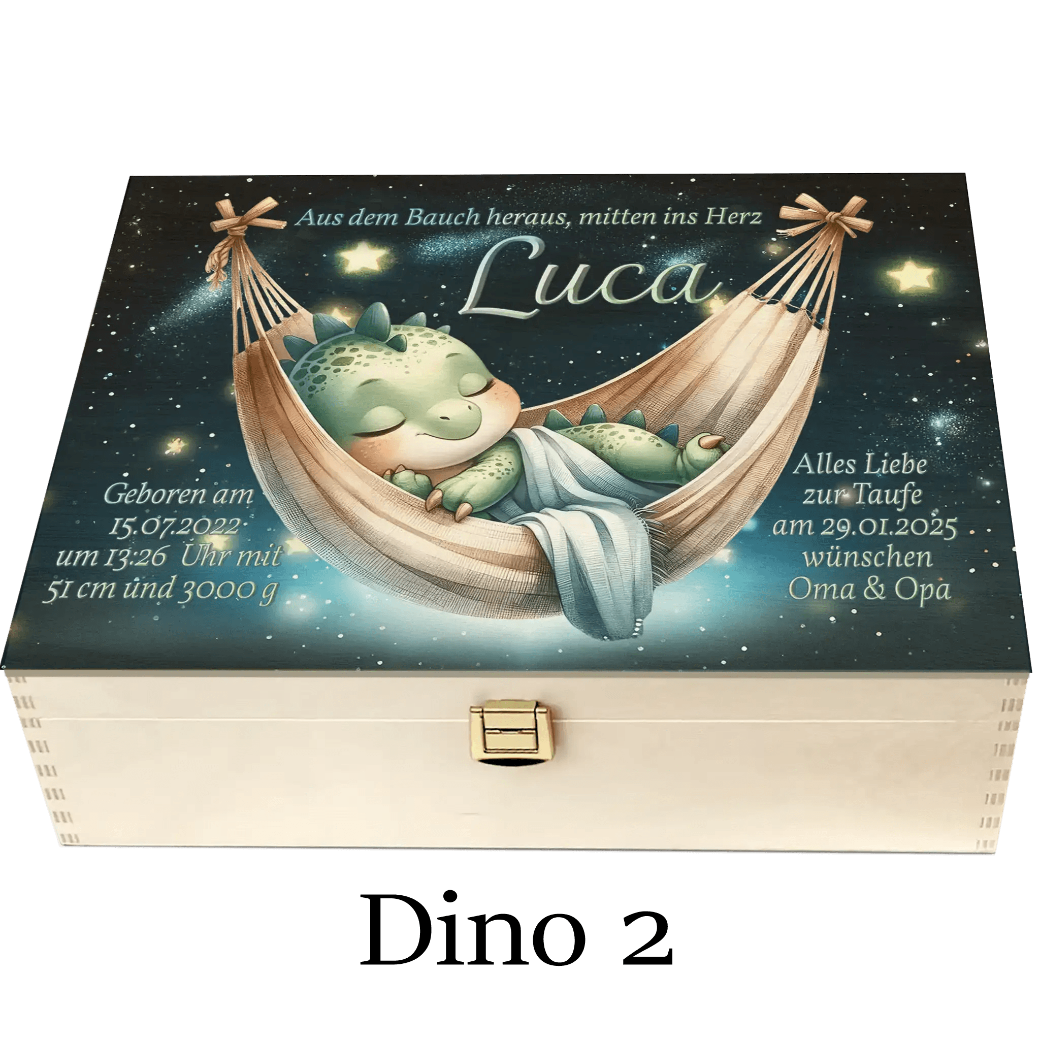 Holzbox Baby Drache Motiv personalisiert mit Schlafmotiv und Taufdaten, Geschenk Taufe