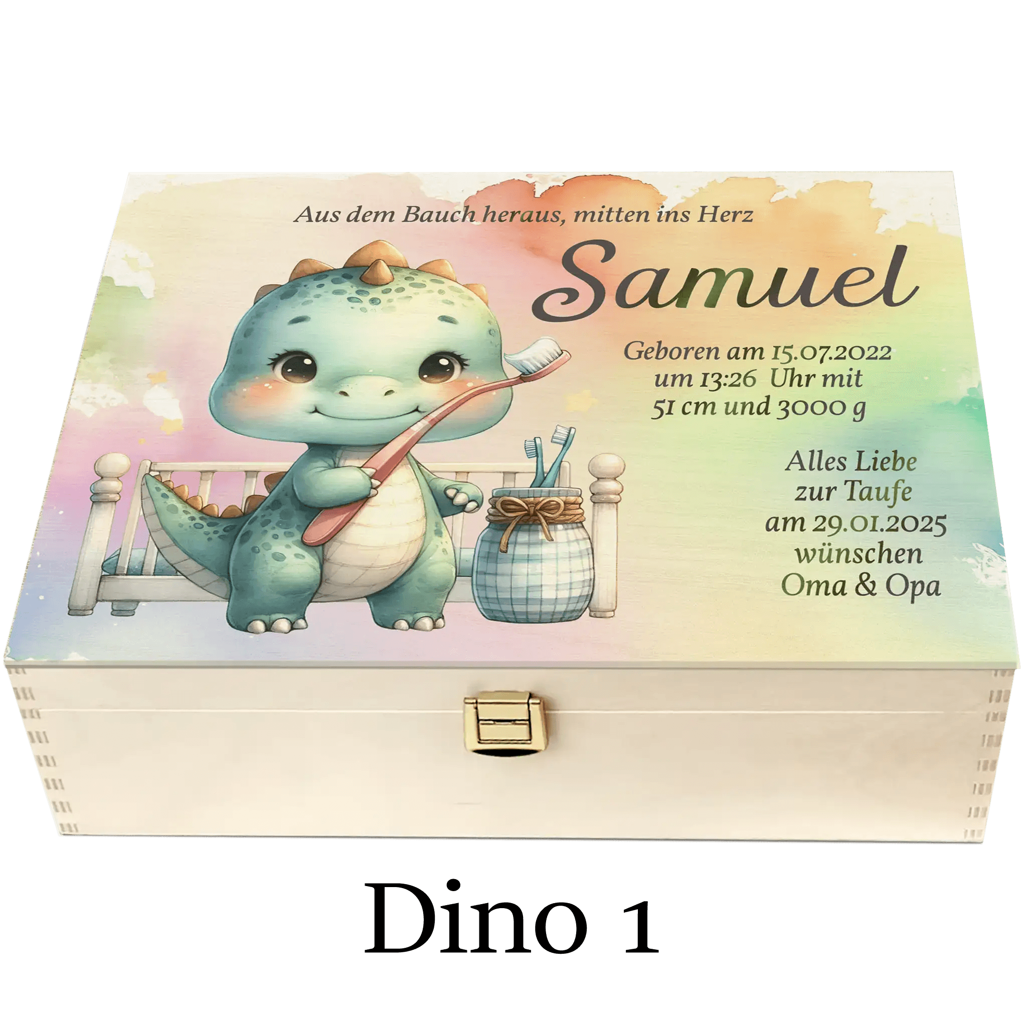 Holzbox Baby personalisiert mit süßem Drachen-Motiv, Name Samuel, Taufgeschenk Design