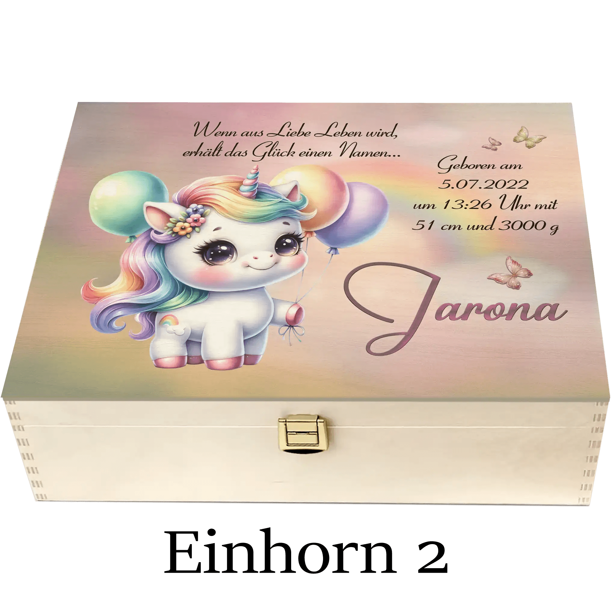 Personalisierte Holzbox Baby mit Einhorn-Motiv, Luftballons und Namen, Geschenk zur Geburt