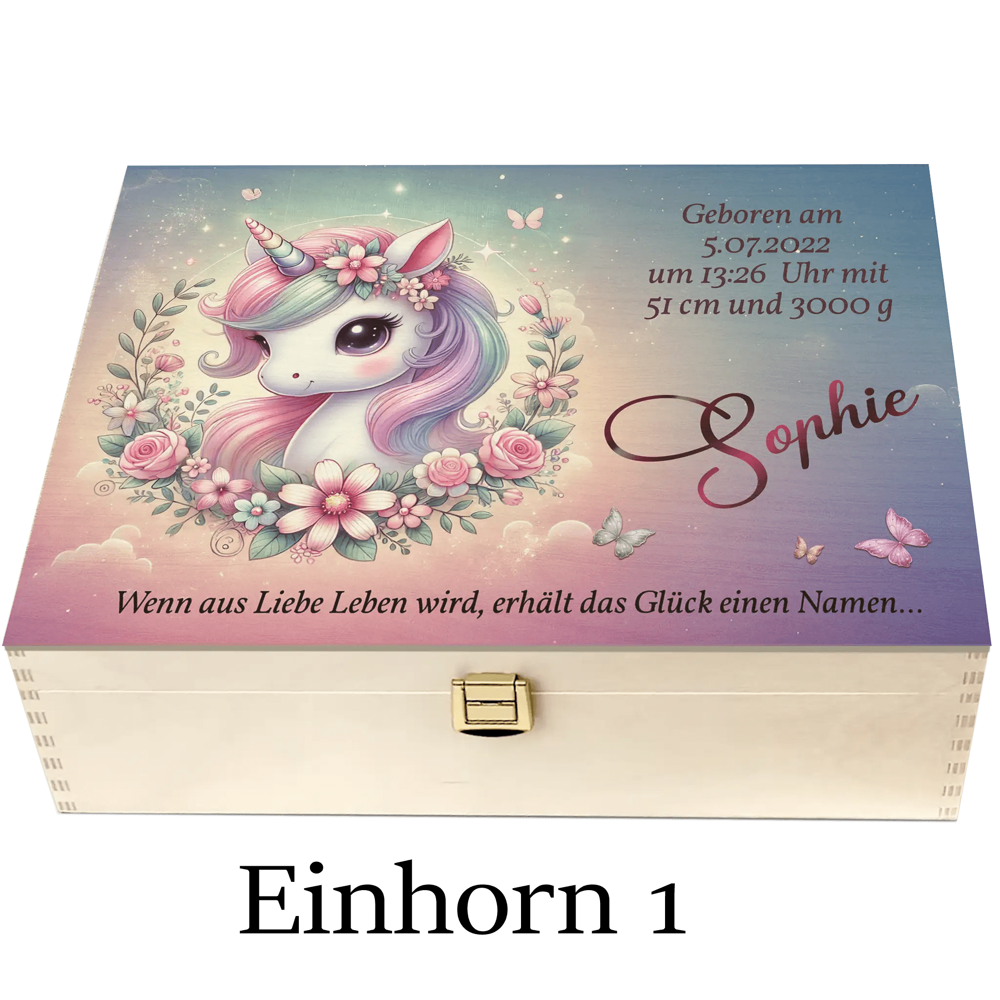 Personalisierte Holzbox für Babys mit süßem Einhorn, Blumenkranz und Geburtsdaten.