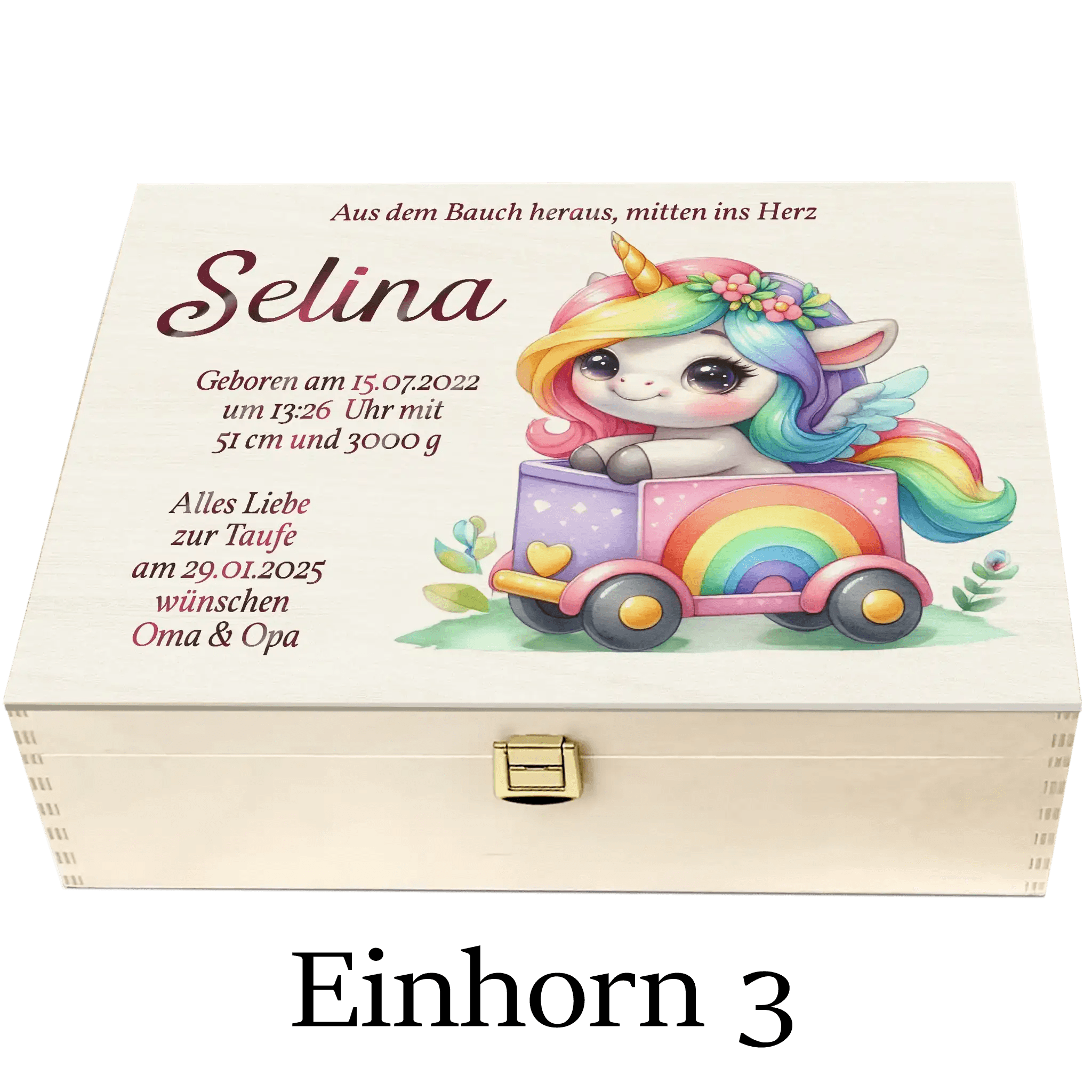 Personalisierte Holzbox mit buntem Einhorn-Motiv, Regenbogen und Taufdaten für Baby