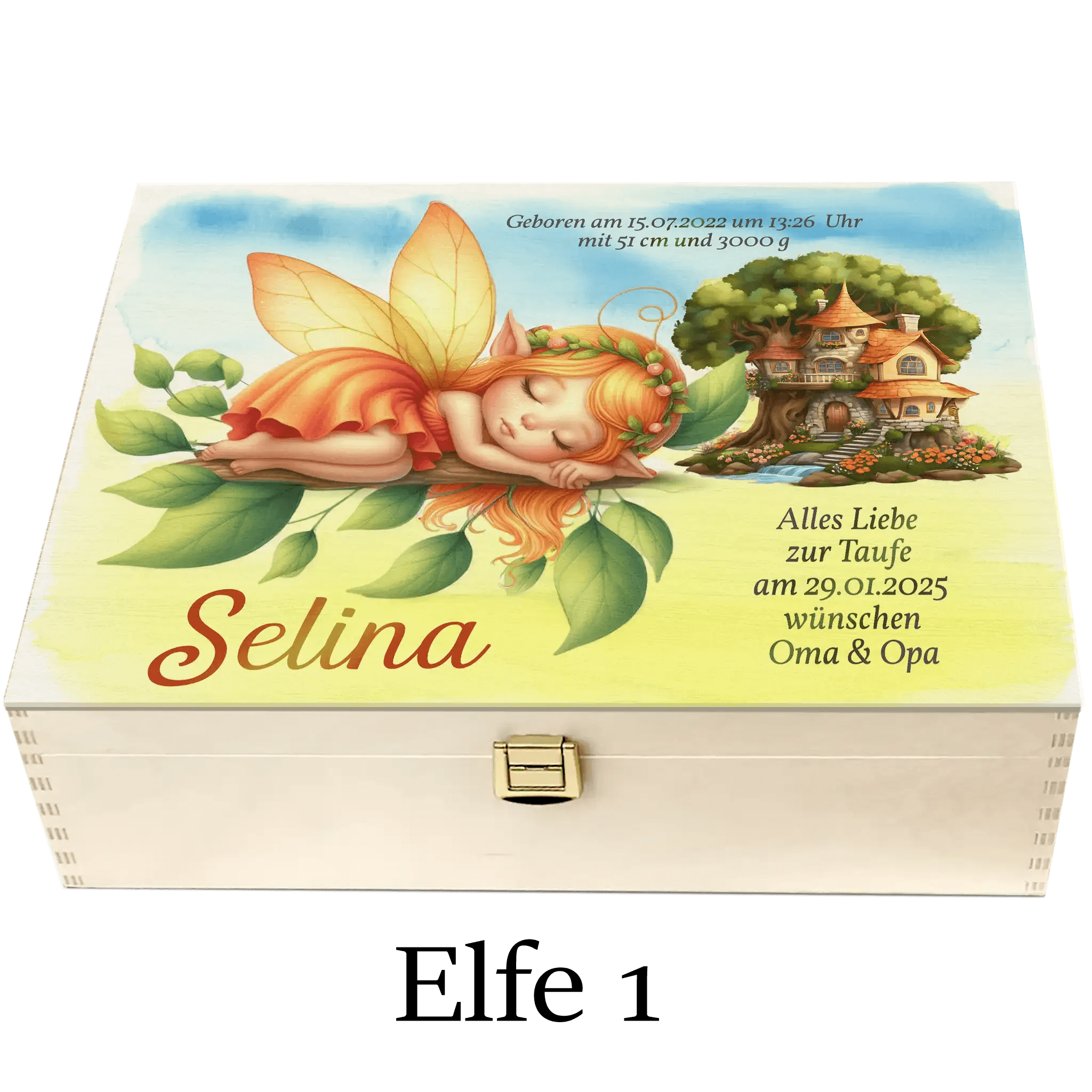 Personalisierte Holzbox zur Taufe mit schlafender Baby-Elfe, Name Selina, Elfenhaus Illustration