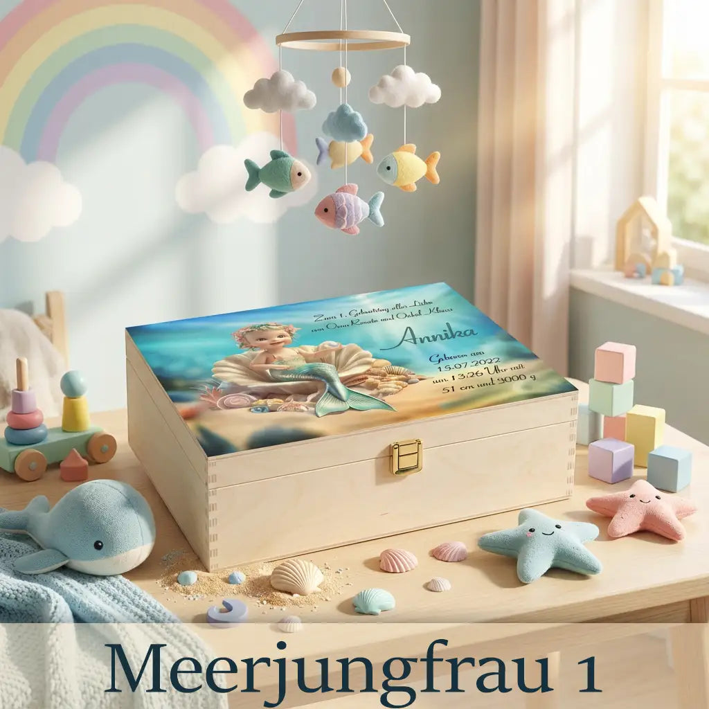 Personalisierte Holzbox Baby mit Meerjungfrau-Motiv, Muscheln und Geburtstagsdaten auf dem Deckel