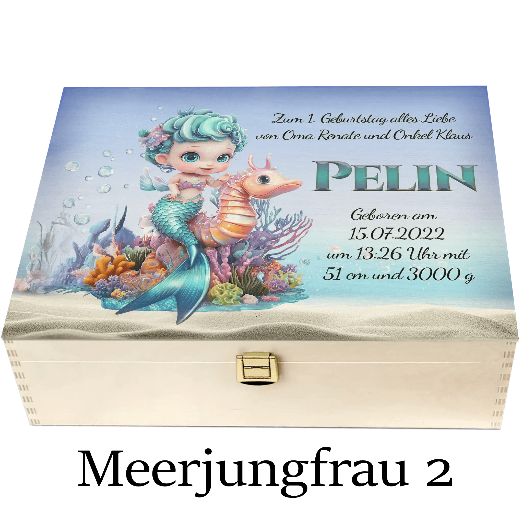 Personalisierte Holzbox Baby mit Meerjungfrau, Seepferdchen und Korallen, Geburtstagsmotiv