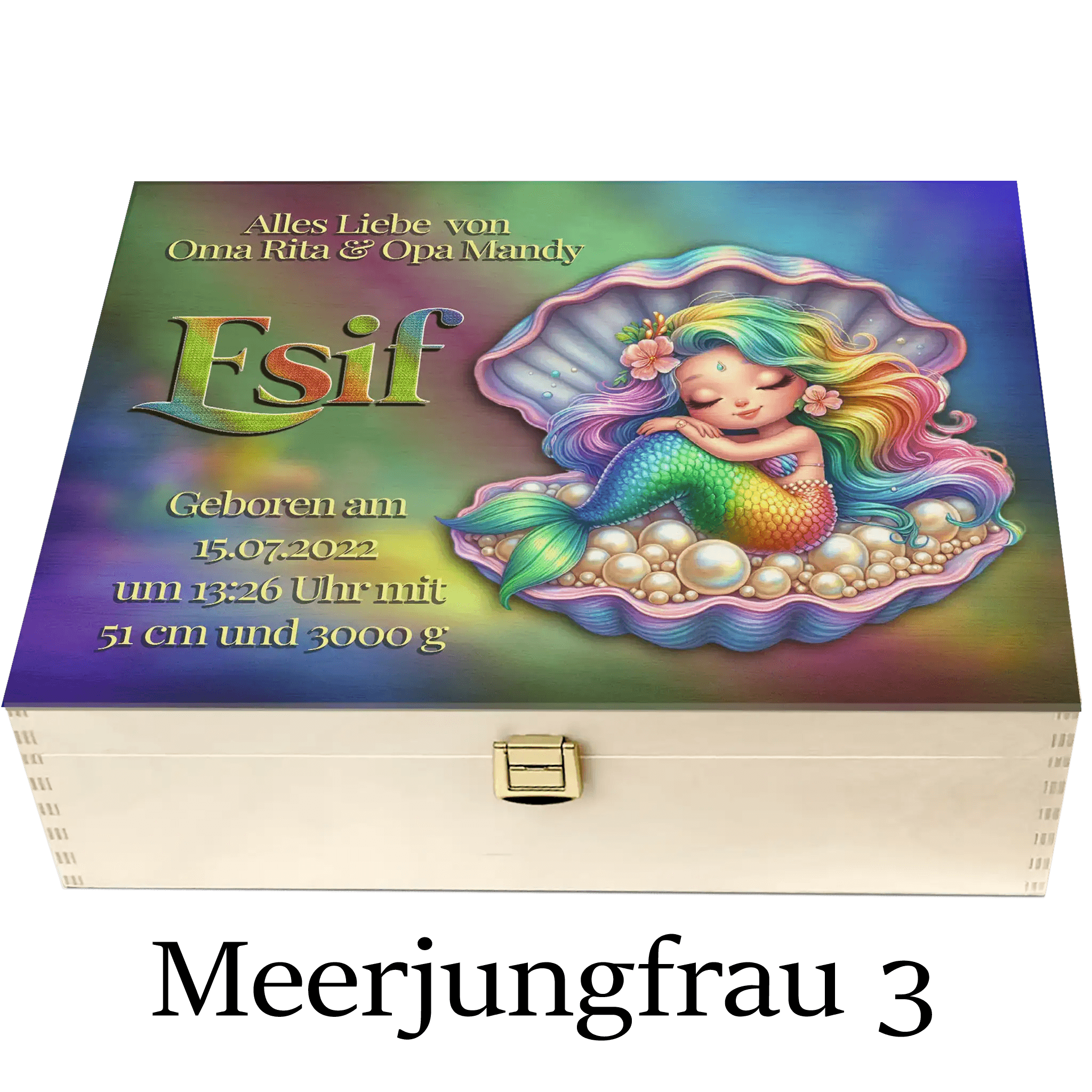 Holzbox Baby mit buntem Meerjungfrau-Motiv, Muschel, Name und Geburtsdaten personalisiert