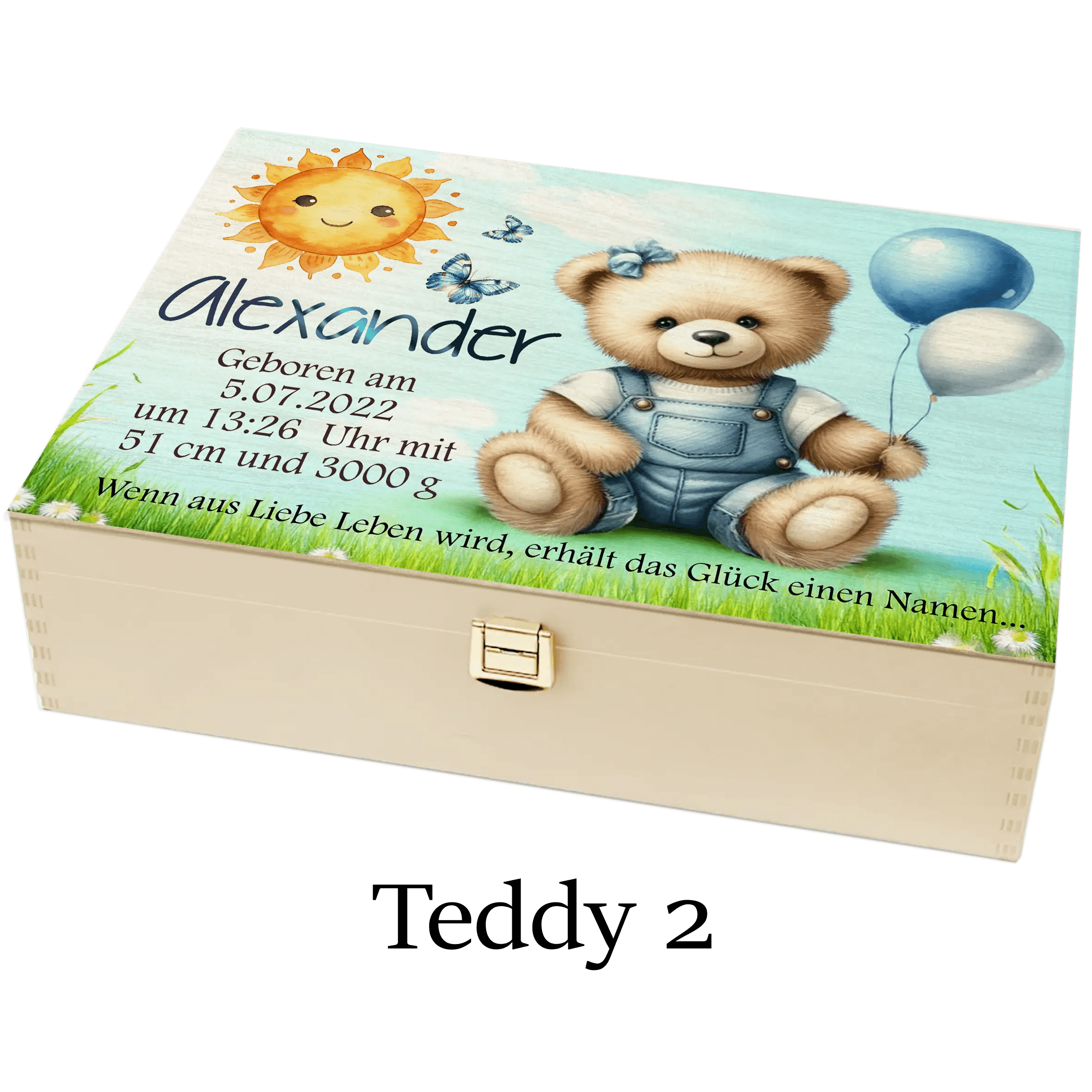 Personalisierte Holzbox Baby Junge, Motiv Teddy mit Ballons, Geburtsdaten und Sonne