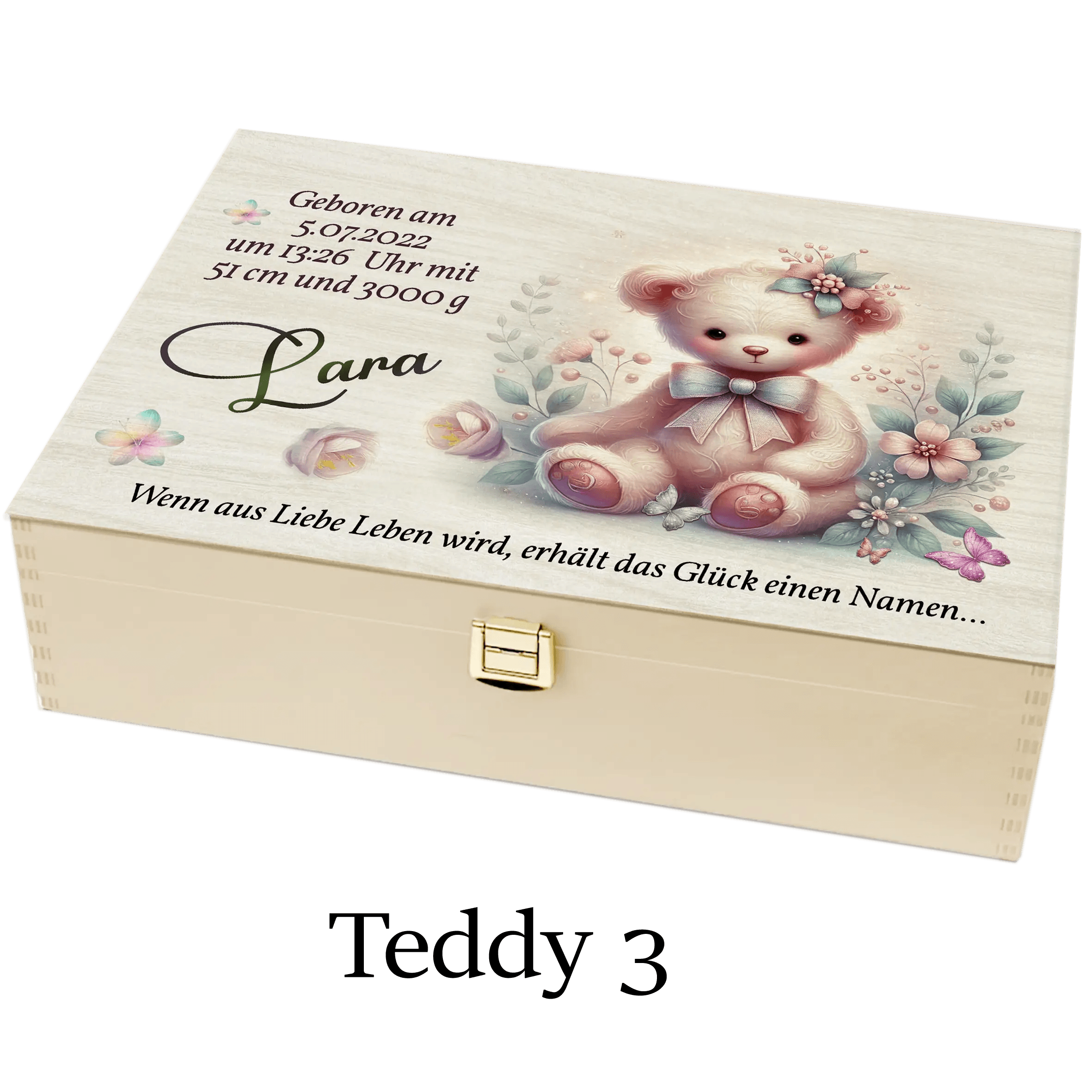 Personalisierte Holzbox Baby Mädchen mit Teddy, Blumen und Geburtsdaten auf dem Deckel.
