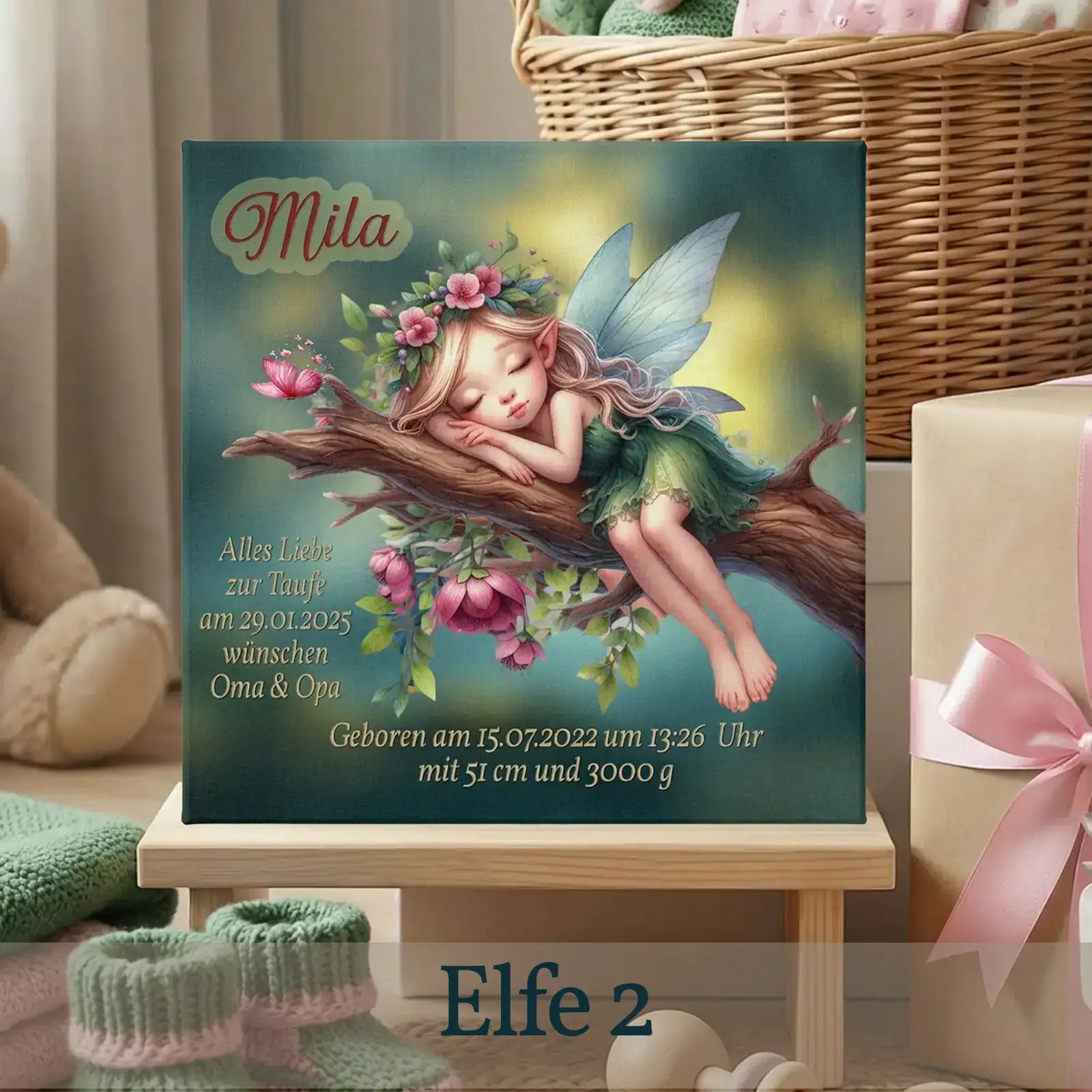 Niedliche Drachen Leinwand zur Geburt mit Baby-Drache, Kuscheltieren und Geburtsdaten, personalisiert