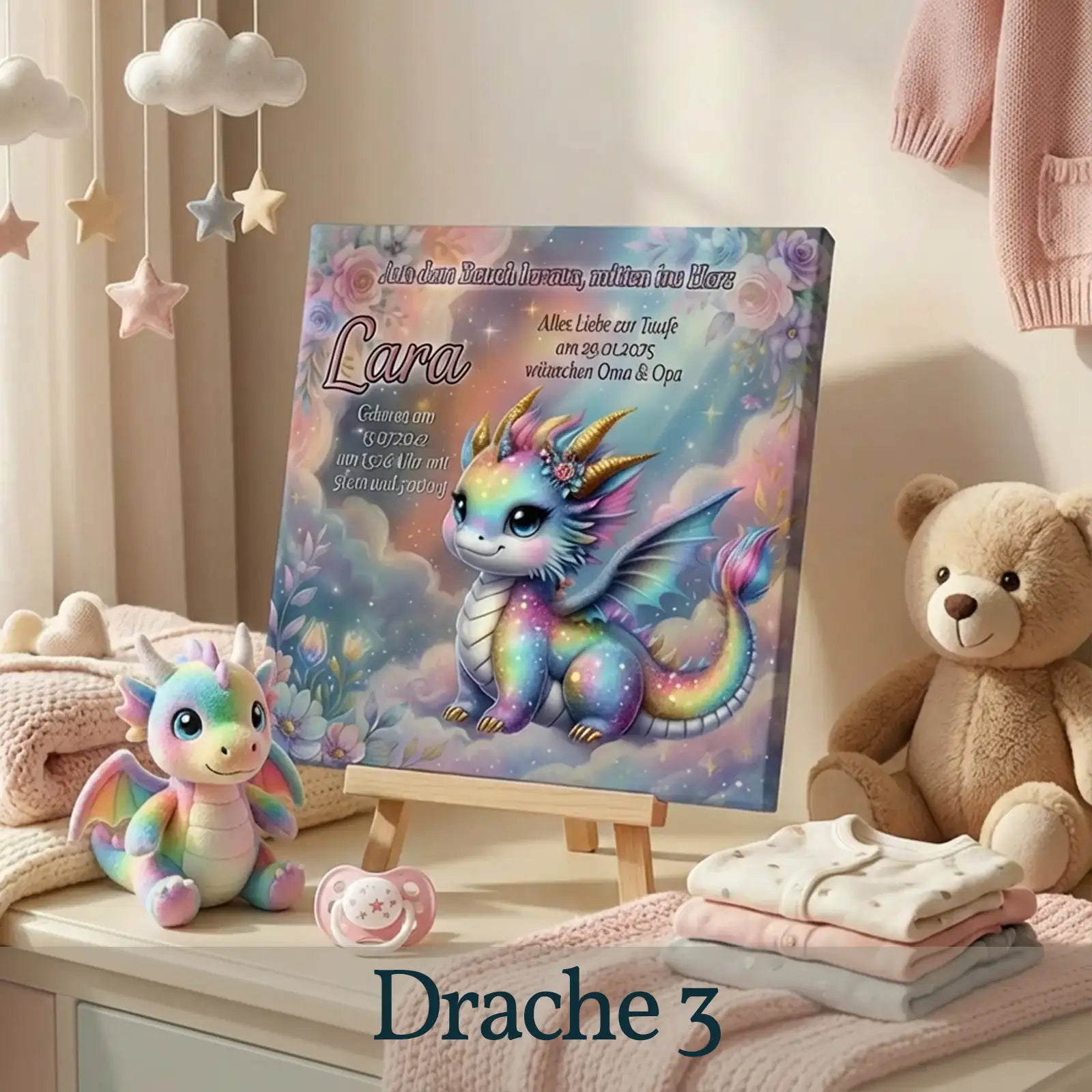 Bunte Leinwand mit süßem Baby-Drache, Taufmotiv, personalisiertem Text und Namen Luca