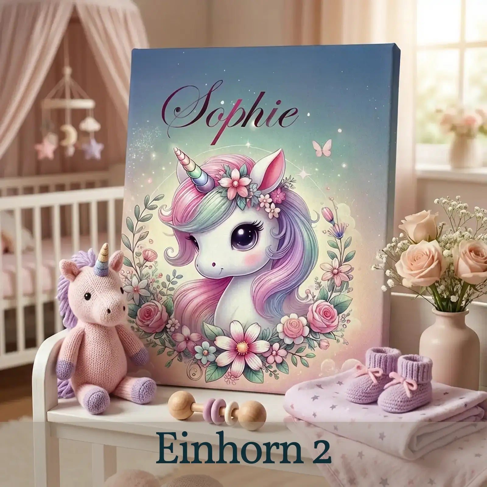 Niedliches Einhorn mit Regenbogenmähne, Luftballons und personalisiertem Geburtsdaten-Text auf Leinwand