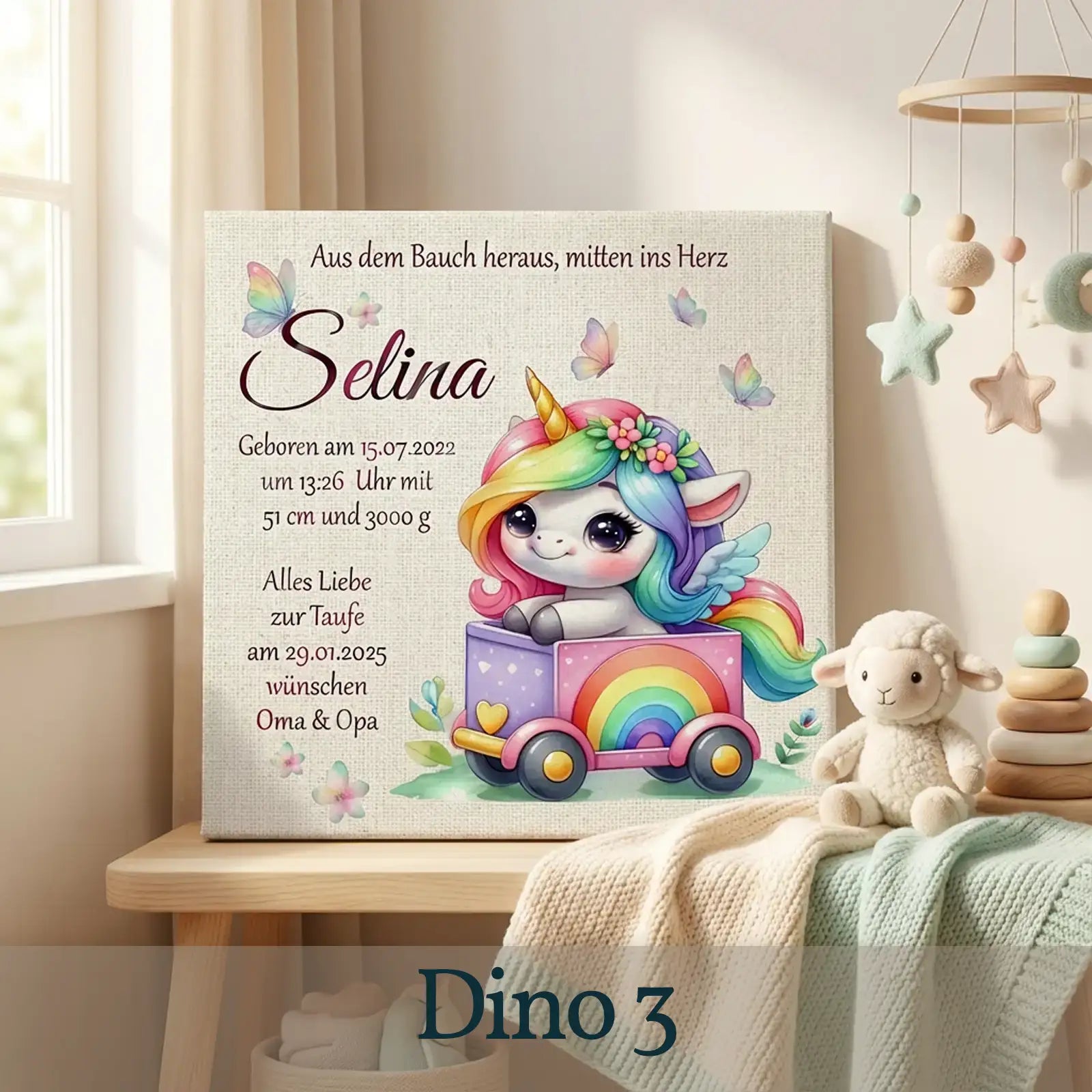 Bunte Leinwand zur Taufe mit süßem Einhorn, Regenbogen, Namens- und Geburtsdaten, kindlich dekoriert