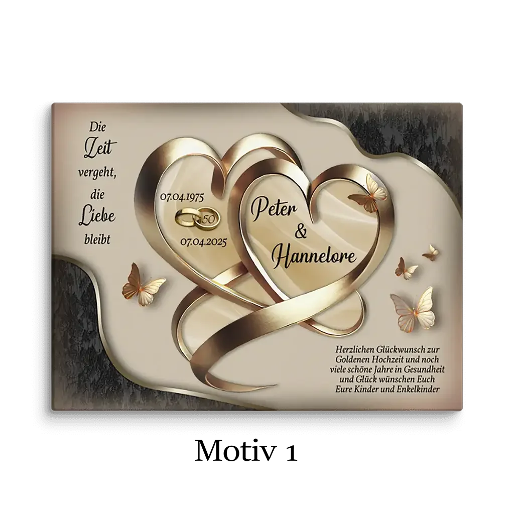 Leinwand Goldene Hochzeit mit goldenen Herzen, Schmetterlingen und Widmung, 50 Jahre Jubiläum