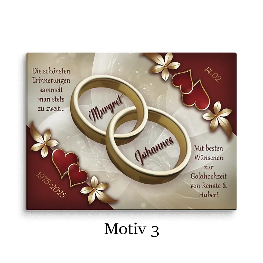 Motiv-Leinwand zur Goldhochzeit mit goldenen Ringen, Blumen und Herzdekor, Namen und Widmung
