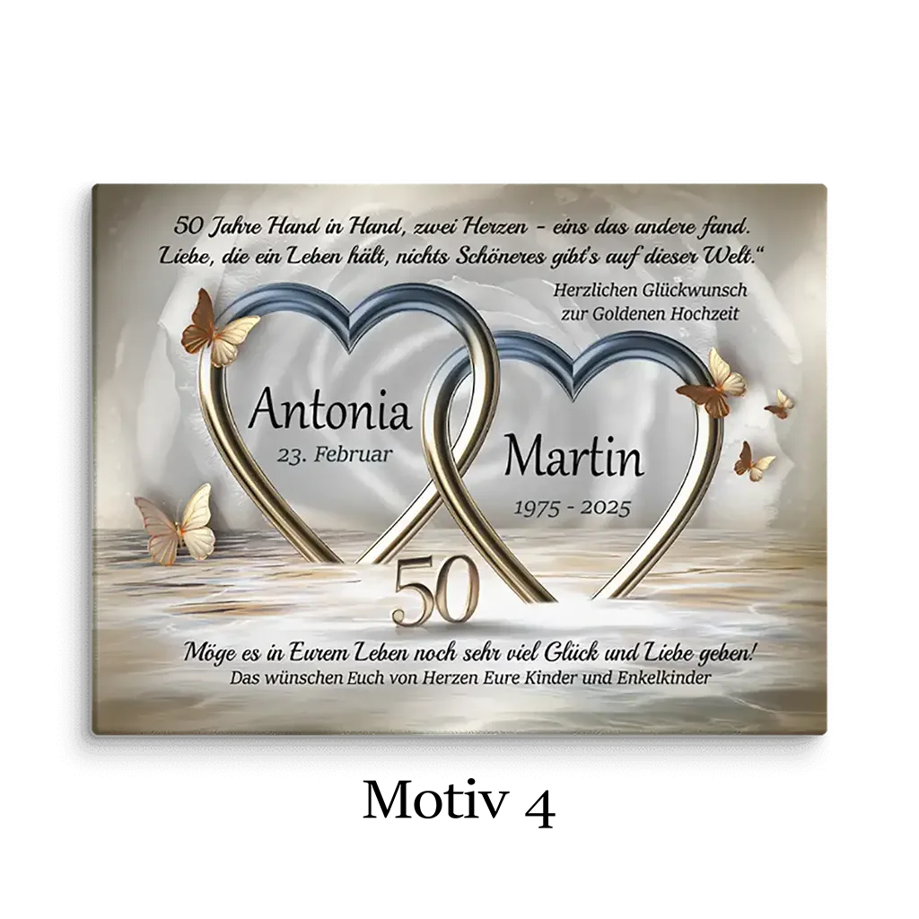 Leinwand zur Goldhochzeit mit zwei goldenen Herzen, Schmetterlingen und Glückwünschen dekoriert