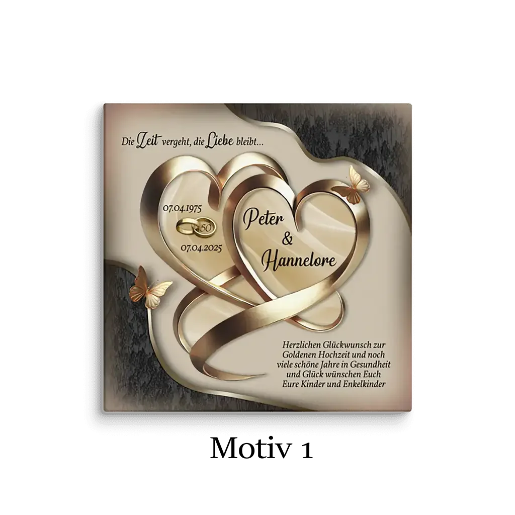 Leinwand Goldhochzeit 40x40cm mit goldenen Herzen, Schmetterlingen und Jubiläumstext