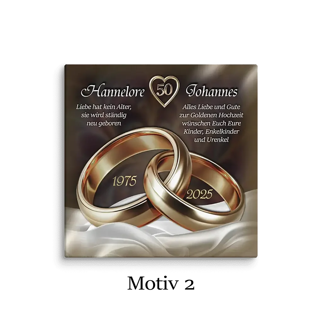 Motiv-Leinwand Goldhochzeit 40x40 cm mit goldenen Ringen, Jubiläum 1975-2025, Namen, Zitat