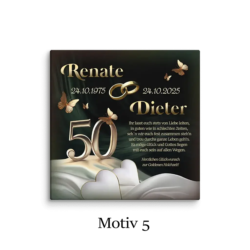 Leinwand zur goldenen Hochzeit mit goldener Schrift, Schmetterlingen und Ringen, Zahl 50