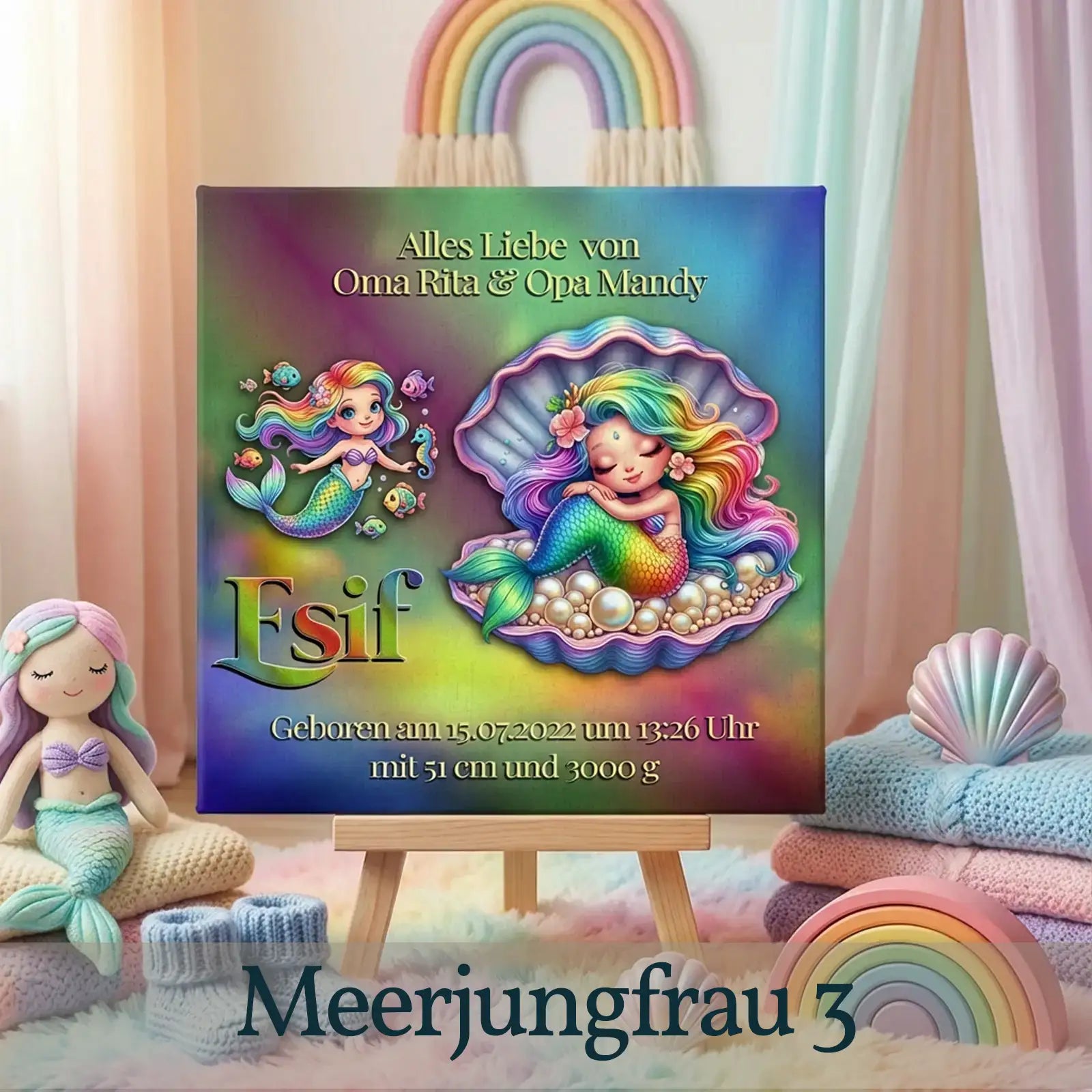 Bunte Leinwand mit schlafender Meerjungfrau in Muschel, Regenbogenfarben, Geburtsdaten, Geschenk