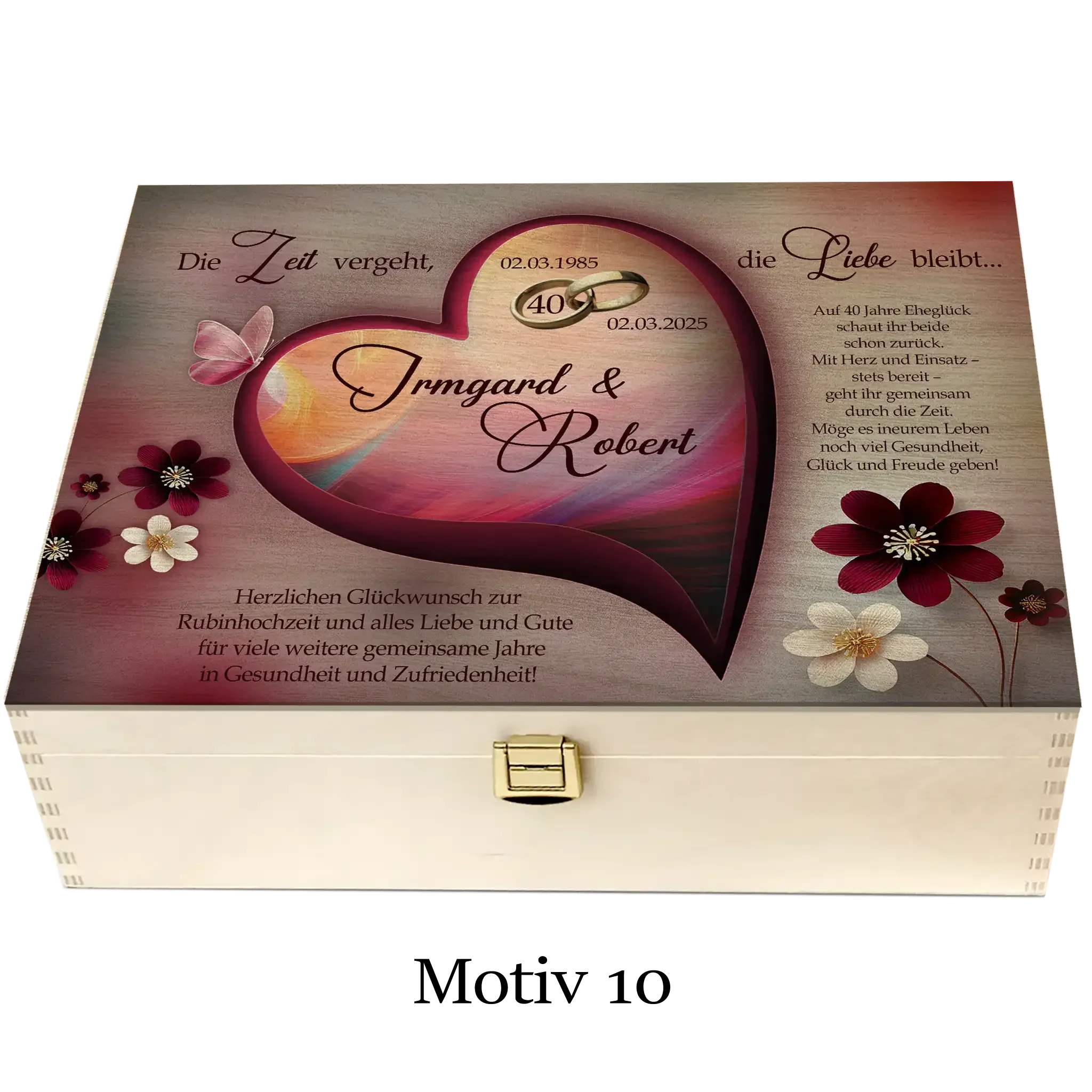 Holzbox zur Rubinhochzeit mit Herzmotiv, Blumen und persönlichem Aufdruck, Motiv 10