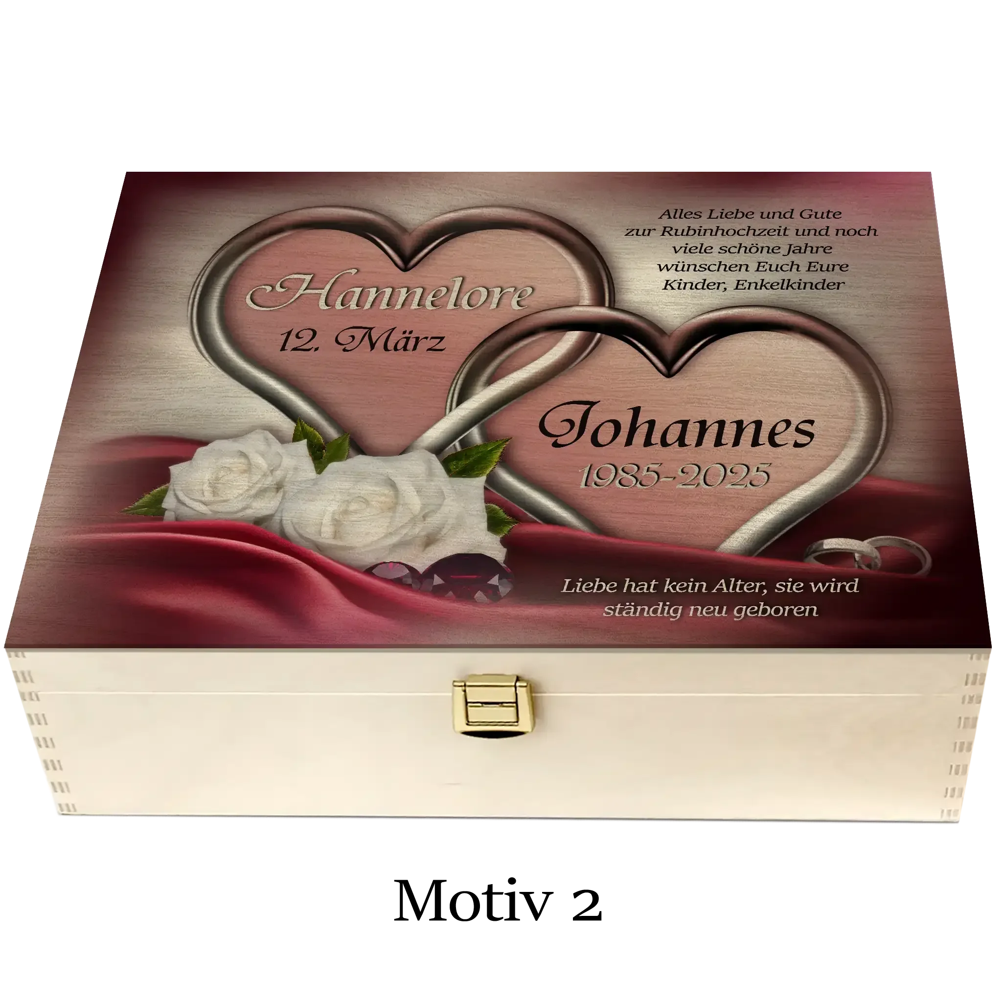 Personalisierte Holzbox zur Rubinhochzeit mit weißen Rosen, Herzen und Gravur