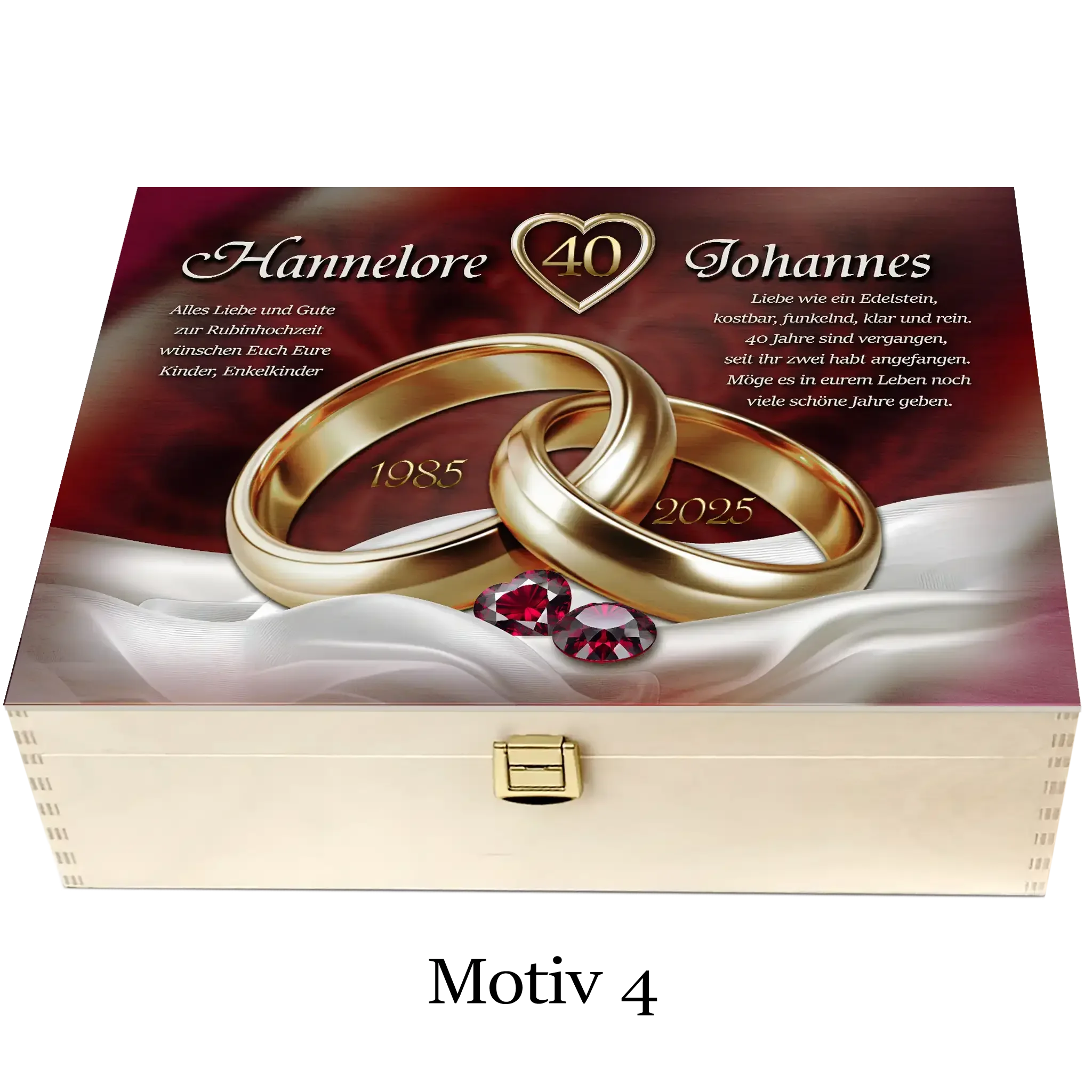 Holzbox mit Motiv zur Rubinhochzeit, goldene Ringe, Rubine, Text zur 40. Hochzeitstag Jubiläum