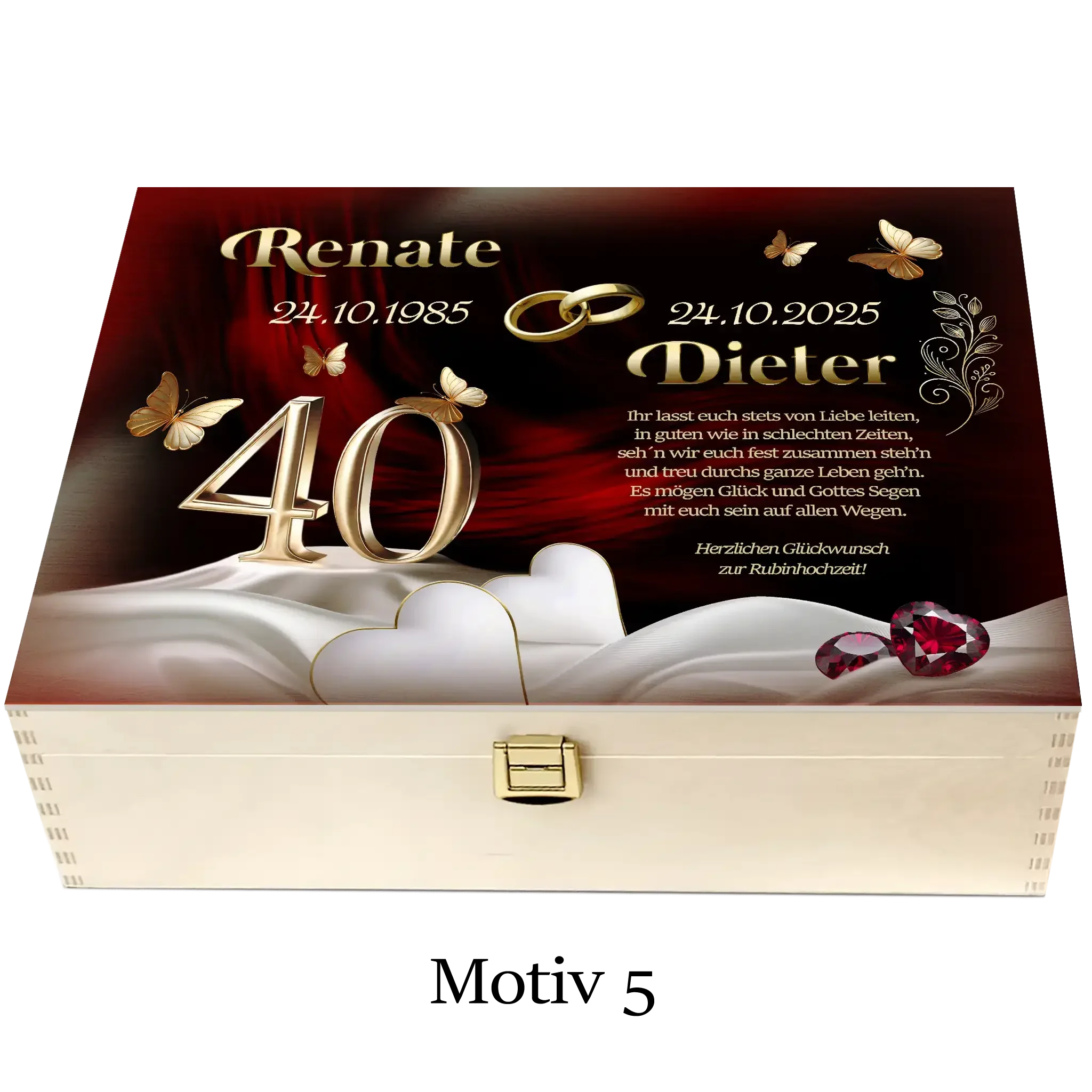 Holzbox zur Rubinhochzeit, Motiv 40 Jahre Ehe mit goldenen Schmetterlingen und Ringen