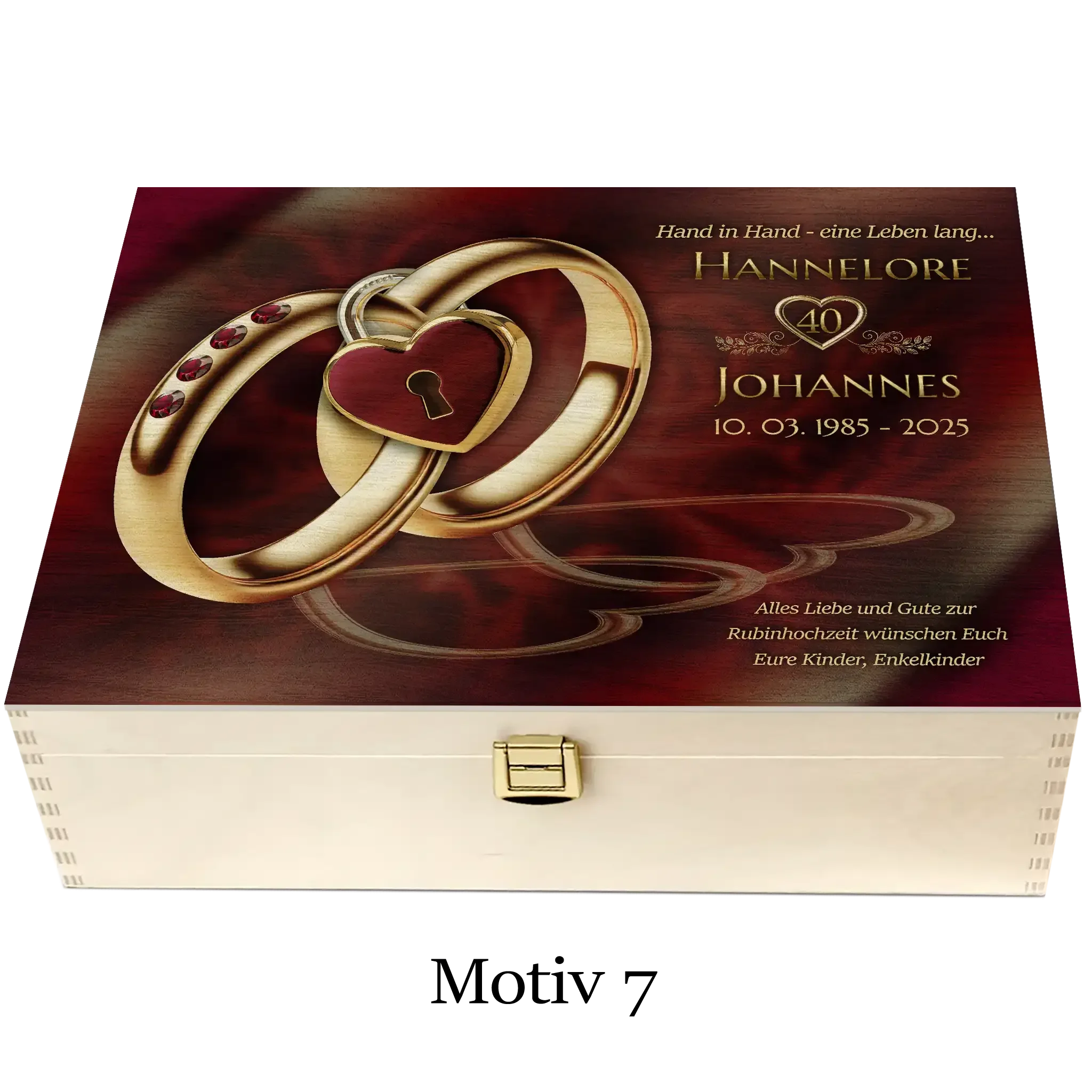 Holzbox zur Rubinhochzeit mit goldenen Ringen und Herzmotiv, Gravur auf Deckel, Motiv 7