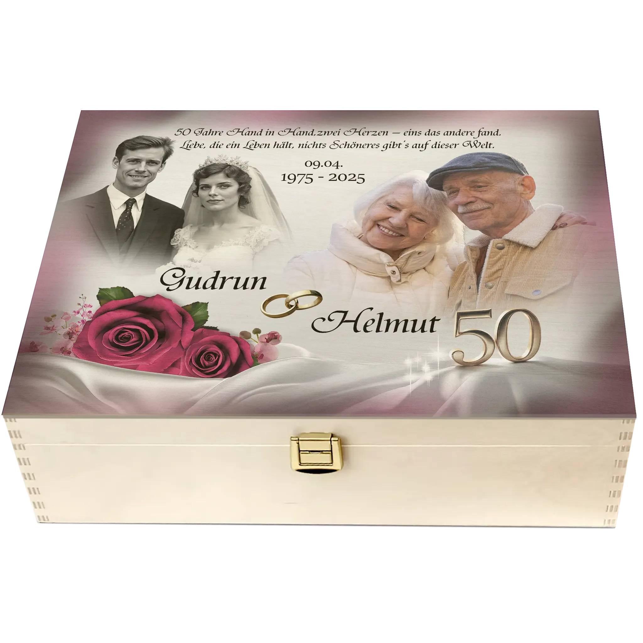 Holzbox zur Goldenen Hochzeit mit Foto-Ehepaar, Rosen, Ringen und Jubiläumsdaten, personalisiert