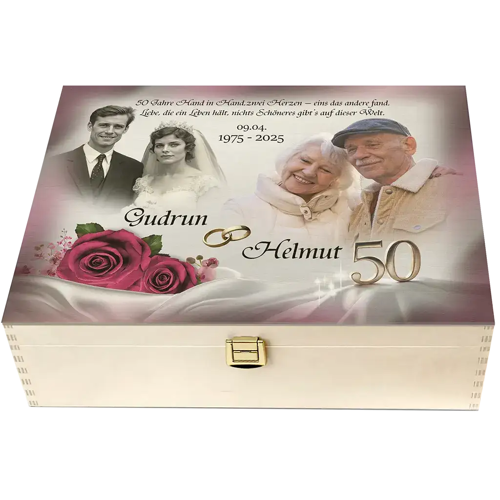Holzbox zur Goldenen Hochzeit mit Foto-Ehepaar, Rosen, Ringen und Jubiläumsdaten, personalisiert
